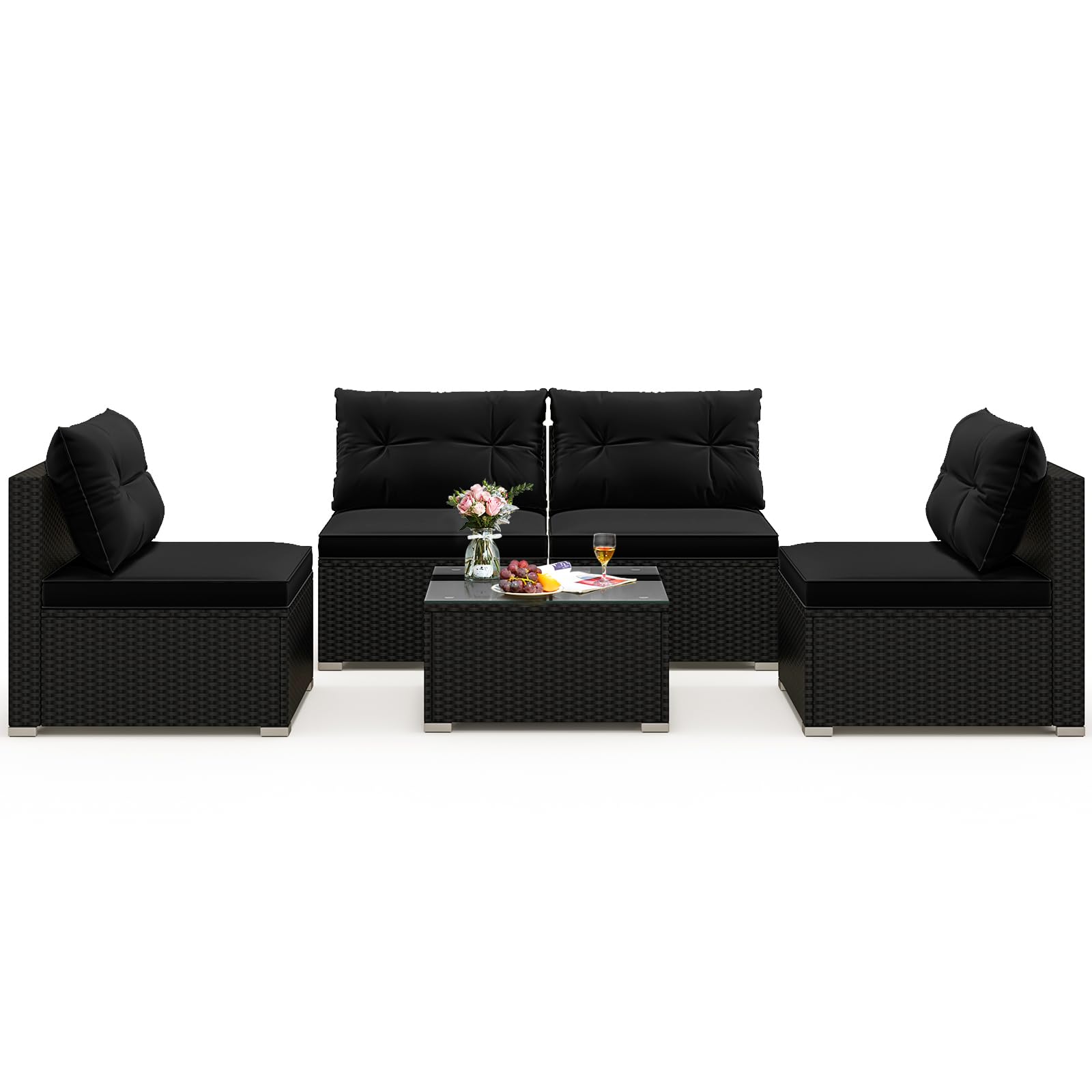 Tangkula 5 Piece Rattan Sofa Set, Outdoor Wicker Furniture Set w/Seat & Back Cushions