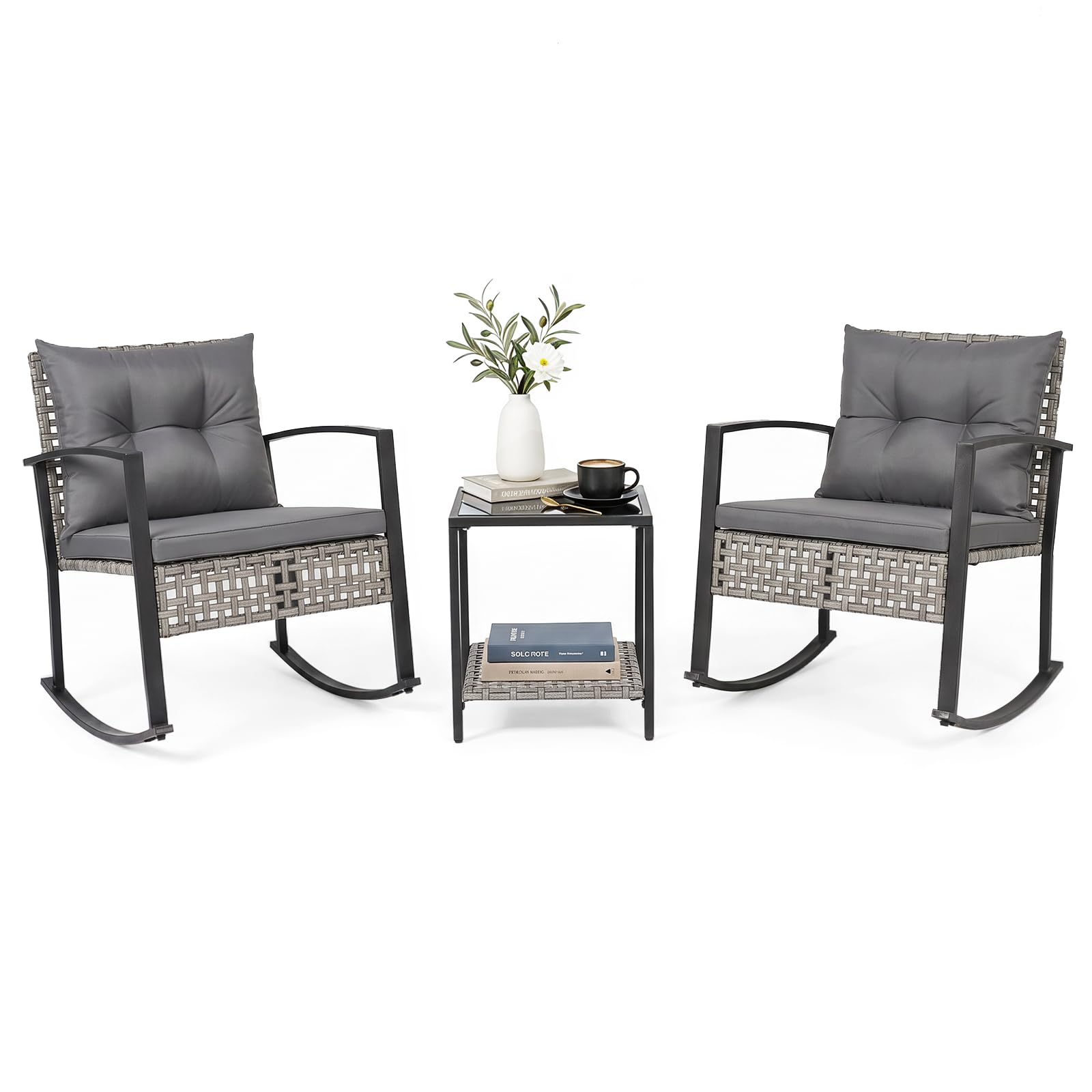 Tangkula 3-Piece Outdoor Rocking Chair Set for Garden