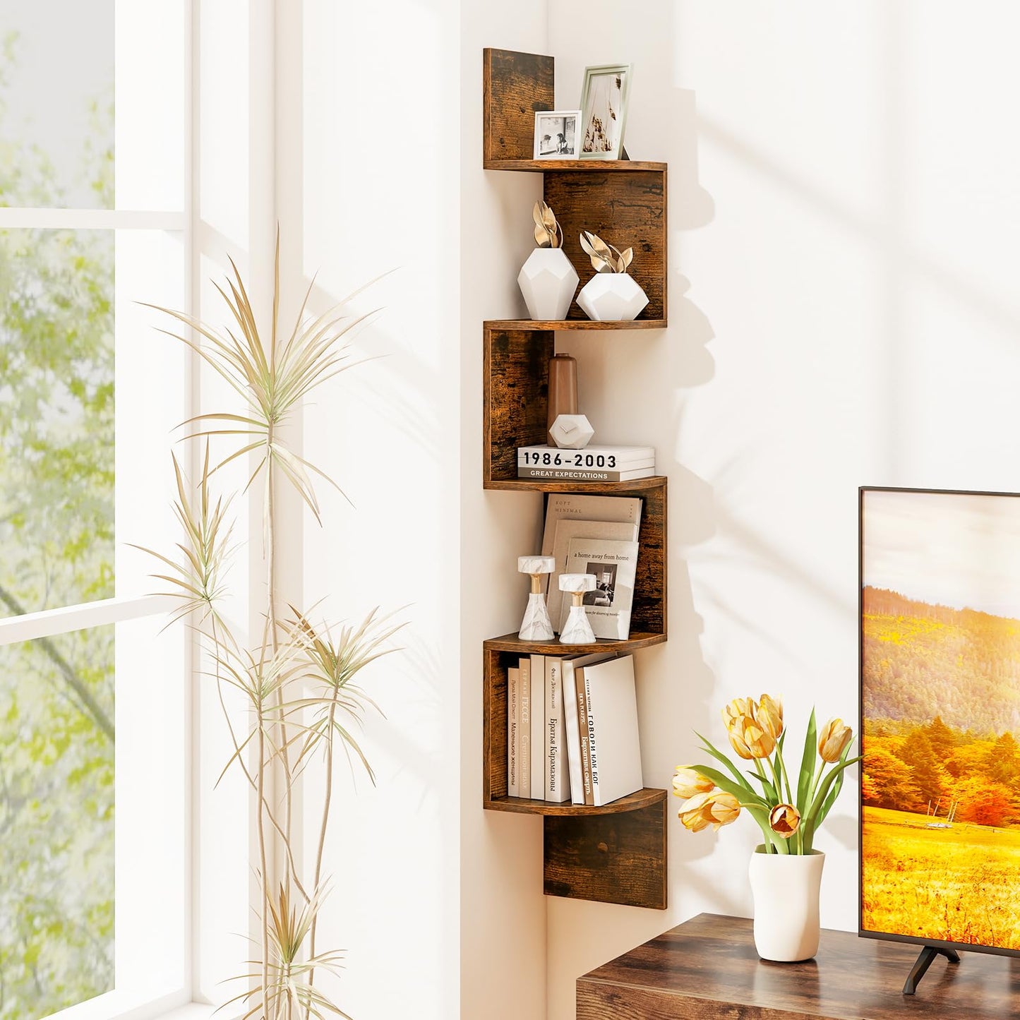 Tangkula 5-Tier Corner Shelf Wall Mount Farmhouse Floating Corner Bookshelf