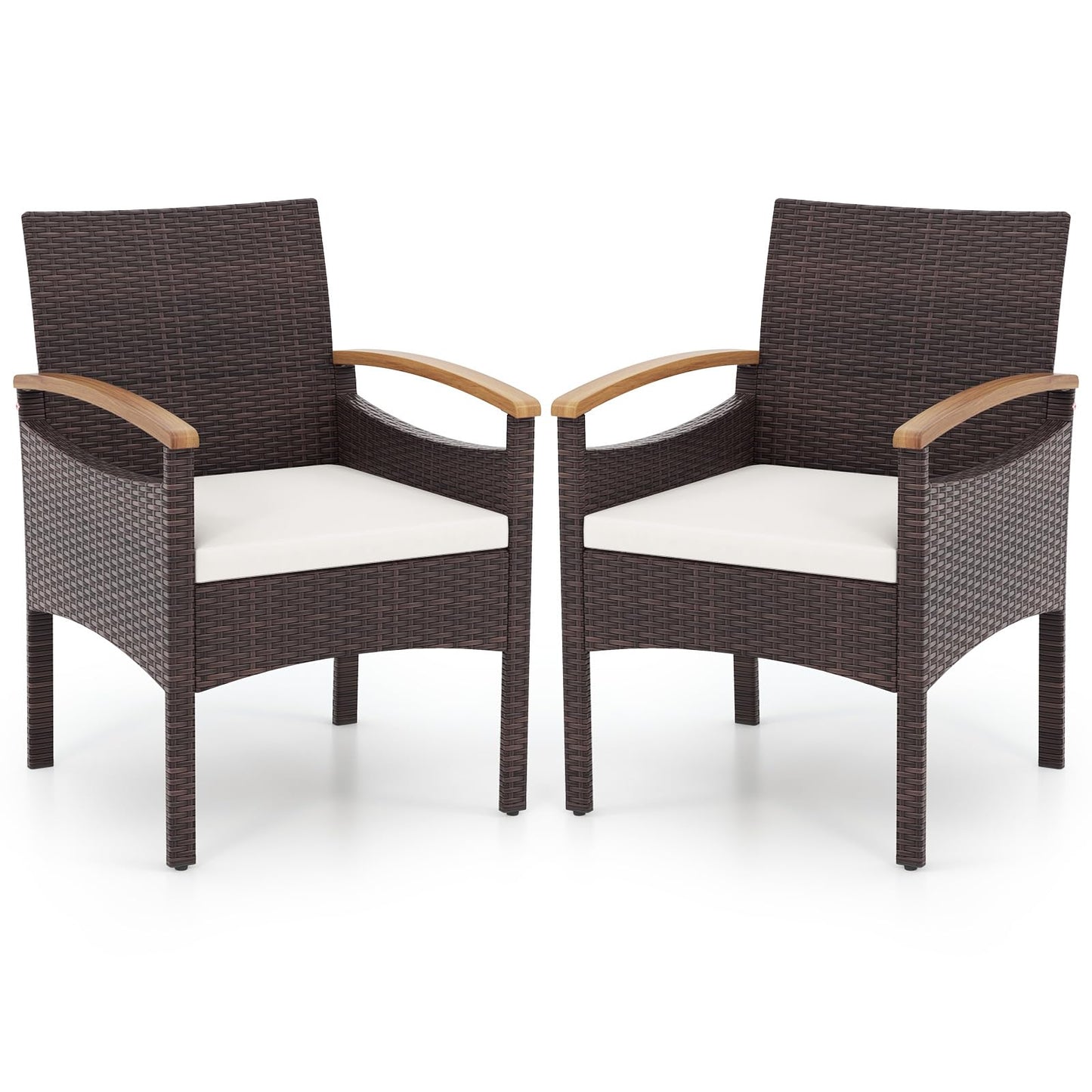 Tangkula Patio Dining Chairs Set, Outdoor Rattan Cushioned Chairs with Acacia Wood Armrest