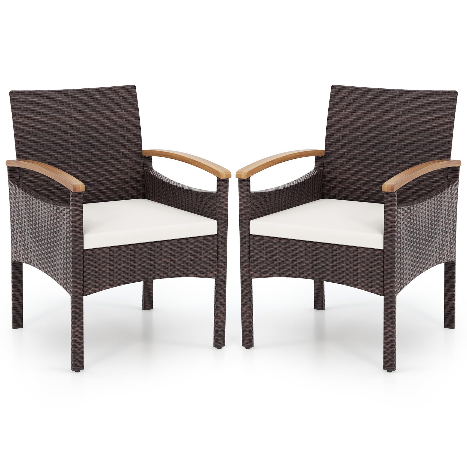 Tangkula Patio Dining Chairs Set, Outdoor Rattan Cushioned Chairs with Acacia Wood Armrest