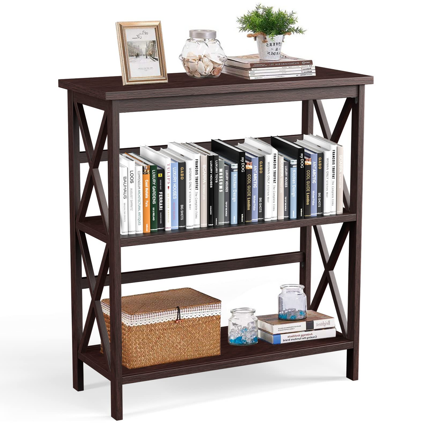 Tangkula 3-Tier Bookcase and Bookshelf, Wooden Open Shelf Bookcase, X-Design Etagere Bookshelf for Home Living Room Office
