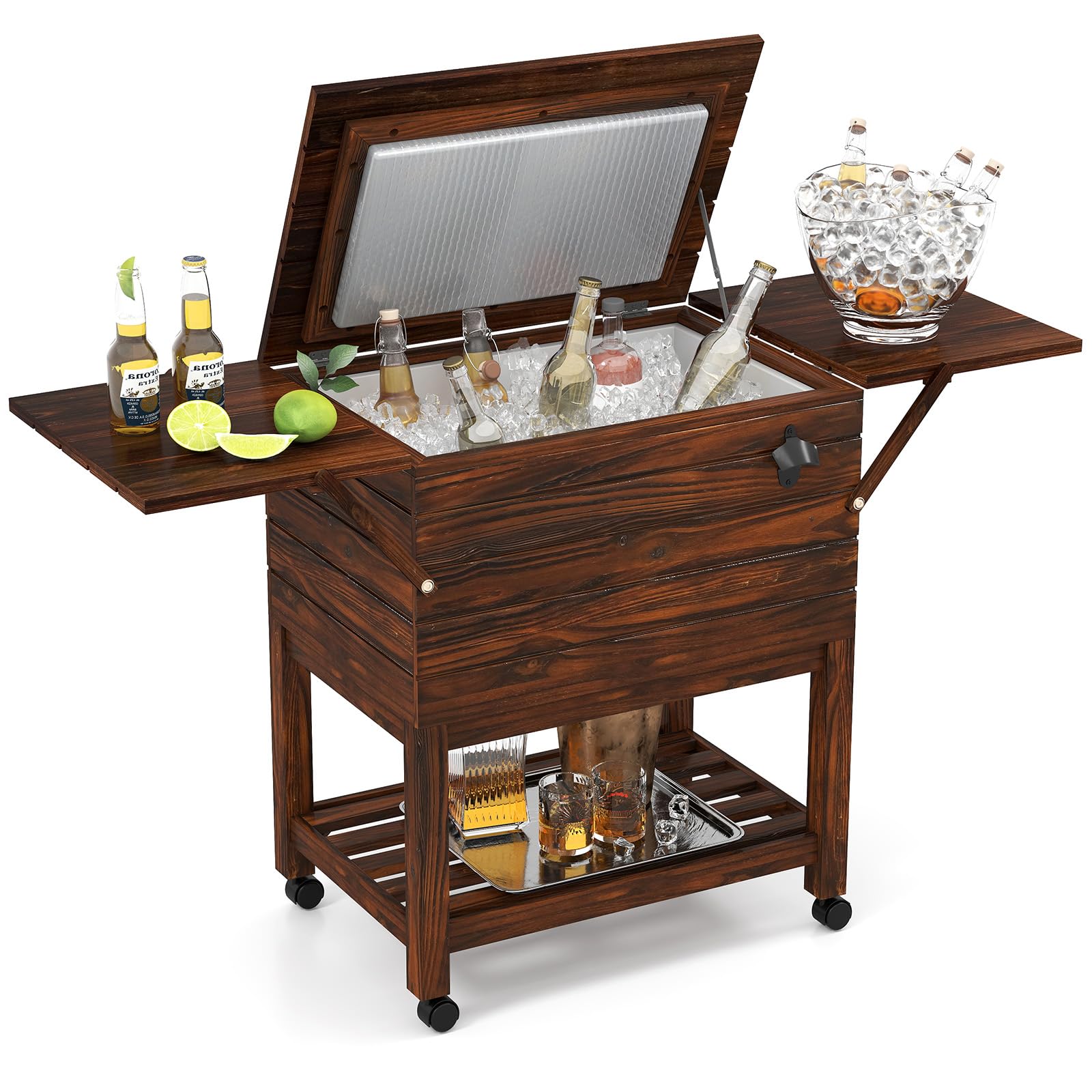Tangkula Wooden Patio Cooler Table with Bottle Opener & 3 Handles