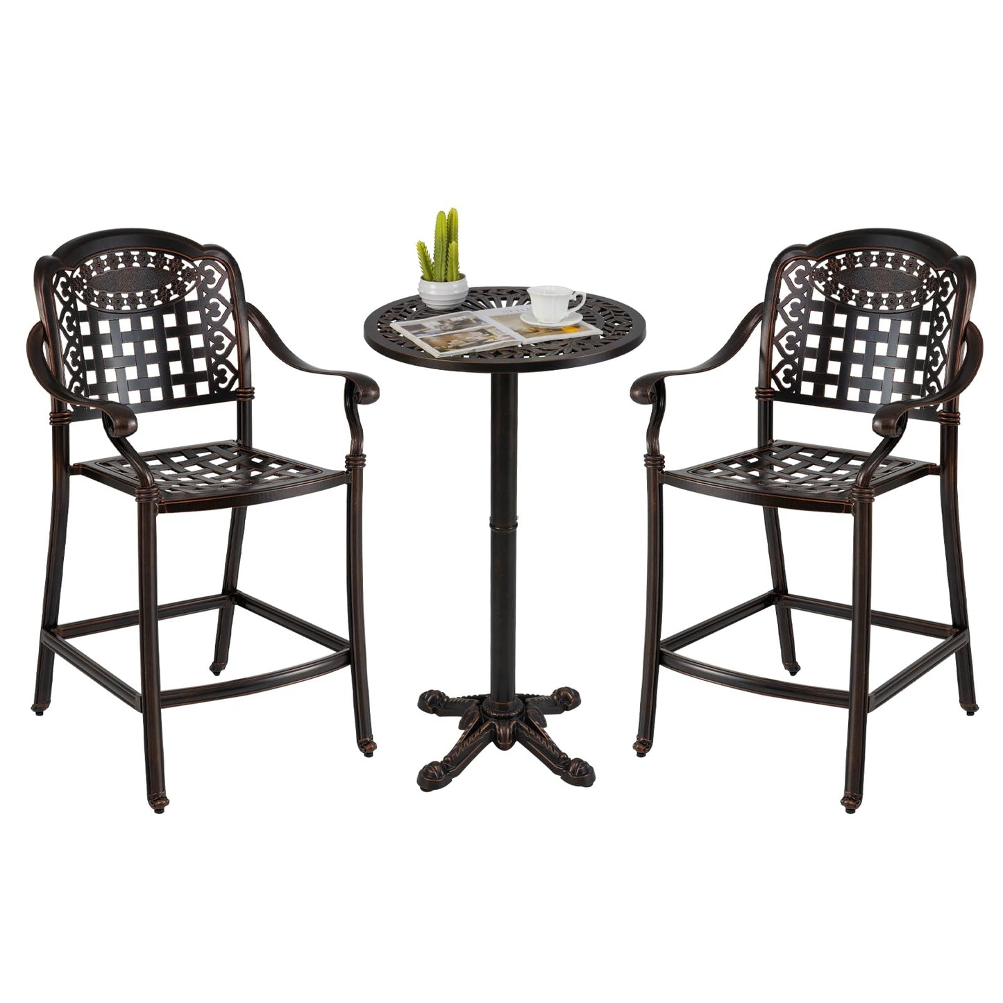 Tangkula 3 Piece Patio Bar Set, Outdoor Cast Aluminum Round High Top Table & 2 Counter Height Bar Stools