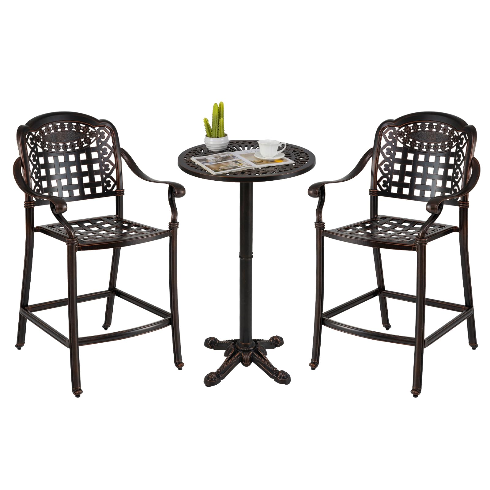 Tangkula 3 Piece Patio Bar Set, Outdoor Cast Aluminum Round High Top Table & 2 Counter Height Bar Stools