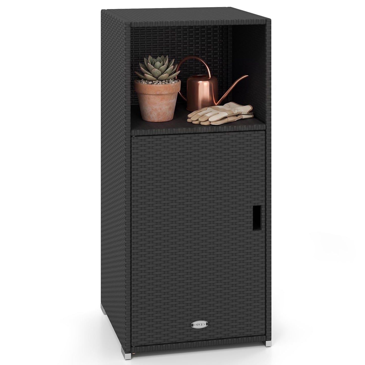 Tangkula Rattan Outdoor Storage Cabinet with 3 Storage Shelves