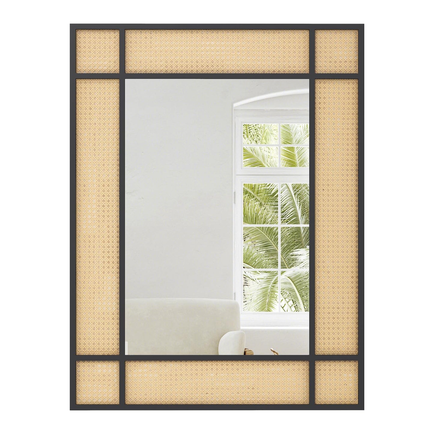 Tangkula Rattan Wall Mirror Bohemian Rectangular Decorative Mirror w/Metal Frame