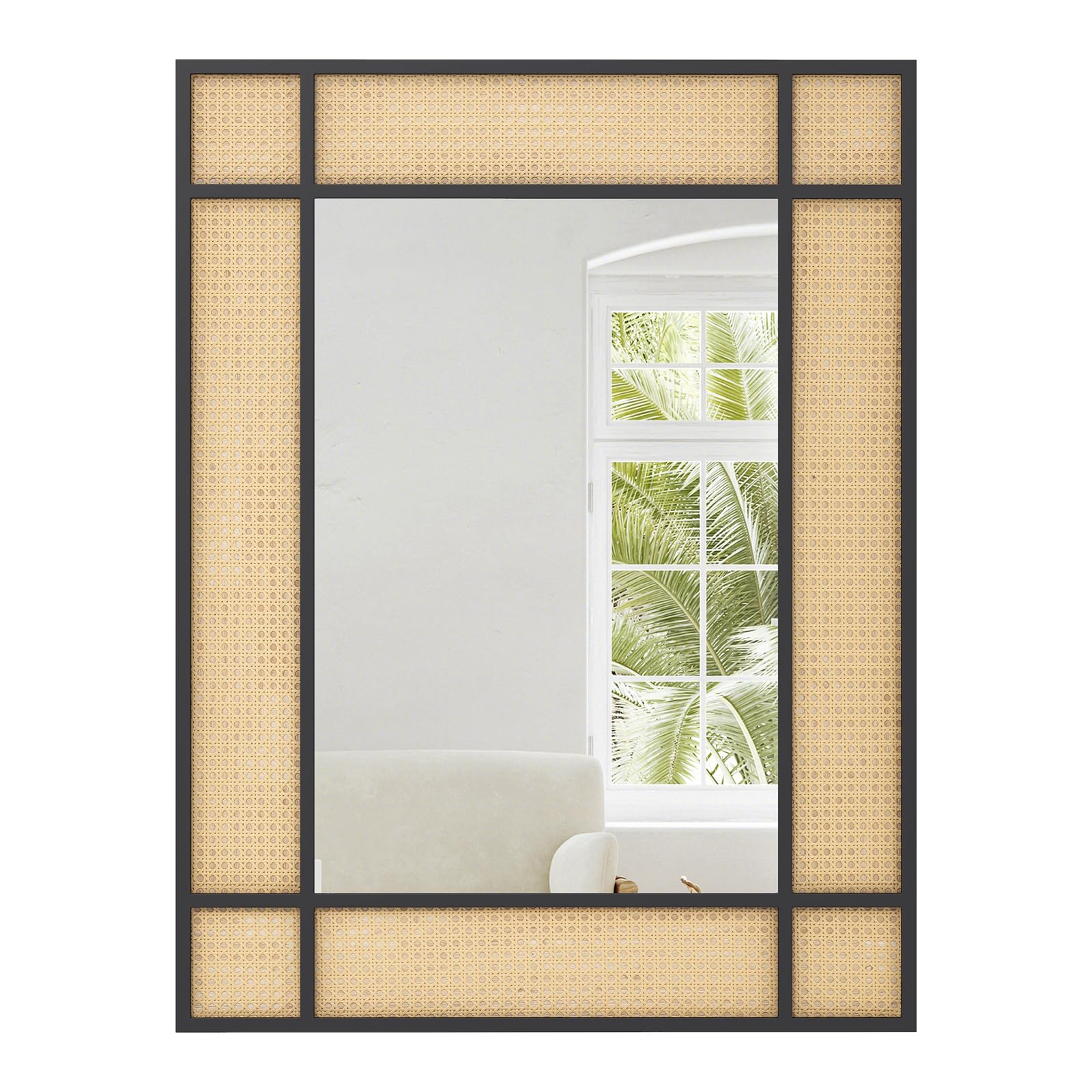 Tangkula Rattan Wall Mirror Bohemian Rectangular Decorative Mirror w/Metal Frame