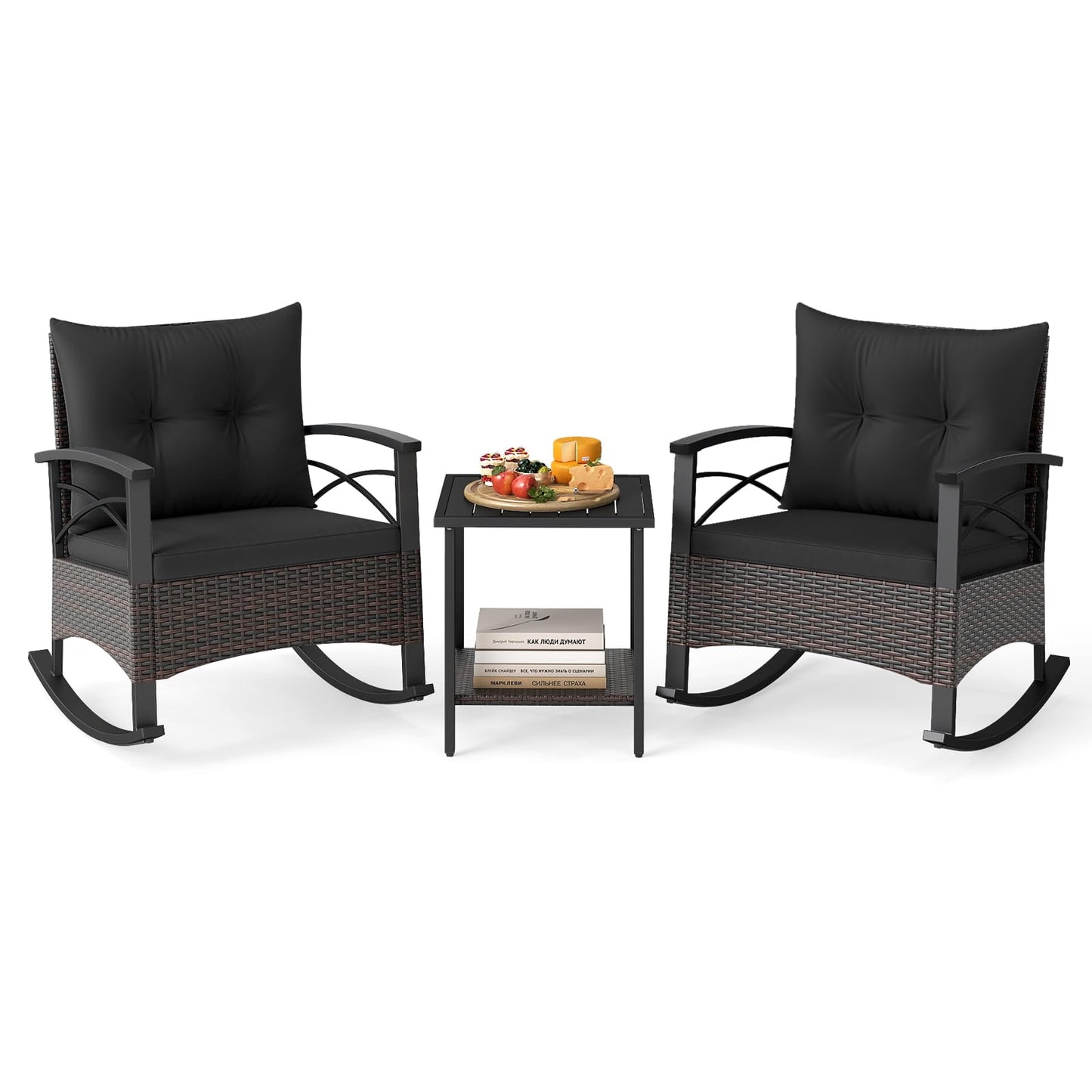 Tangkula 3 Piece Rattan Rocker Bistro Set with Double-Tier Side Table for Porch Balcony Backyard