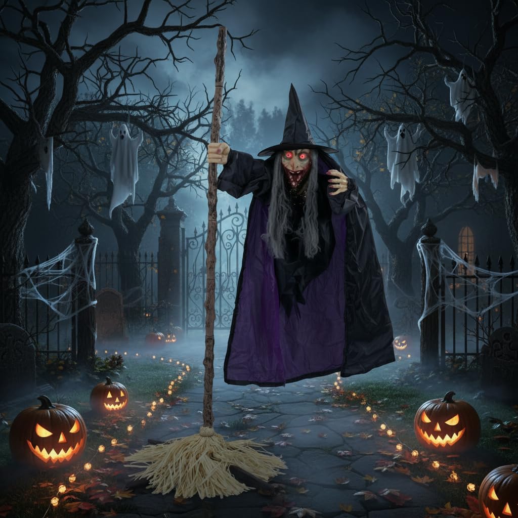 Tangkula 6.6 FT Halloween Animatronics Flying Witch on Broom Decorations