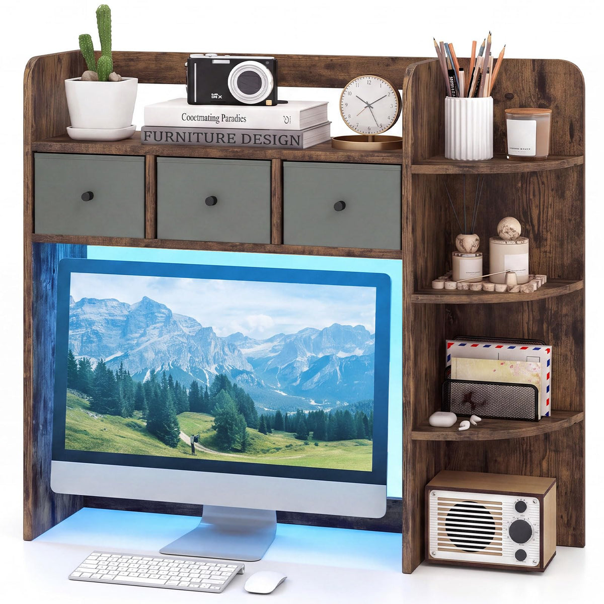 Tangkula Desktop Bookshelf with LED Lights Dorm Desk Hutch