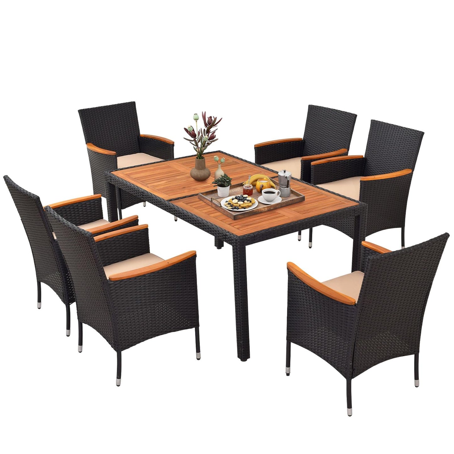 Tangkula 7 PCS Outdoor Dining Set, Patio Conversation Set with Acacia Wood Tabletop, Umbrella Hole, Removable Seat Cushions