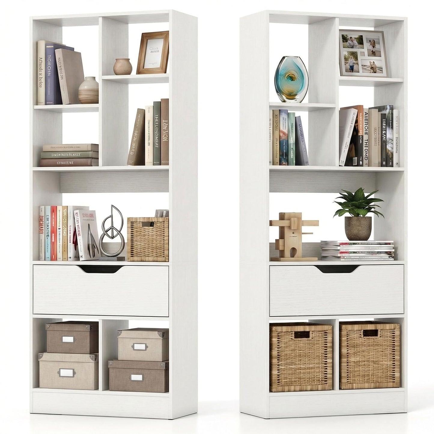 Tangkula 51” Tall Open Bookcase with Drawer 7-Cube Display Storage Cabinet(1/2)