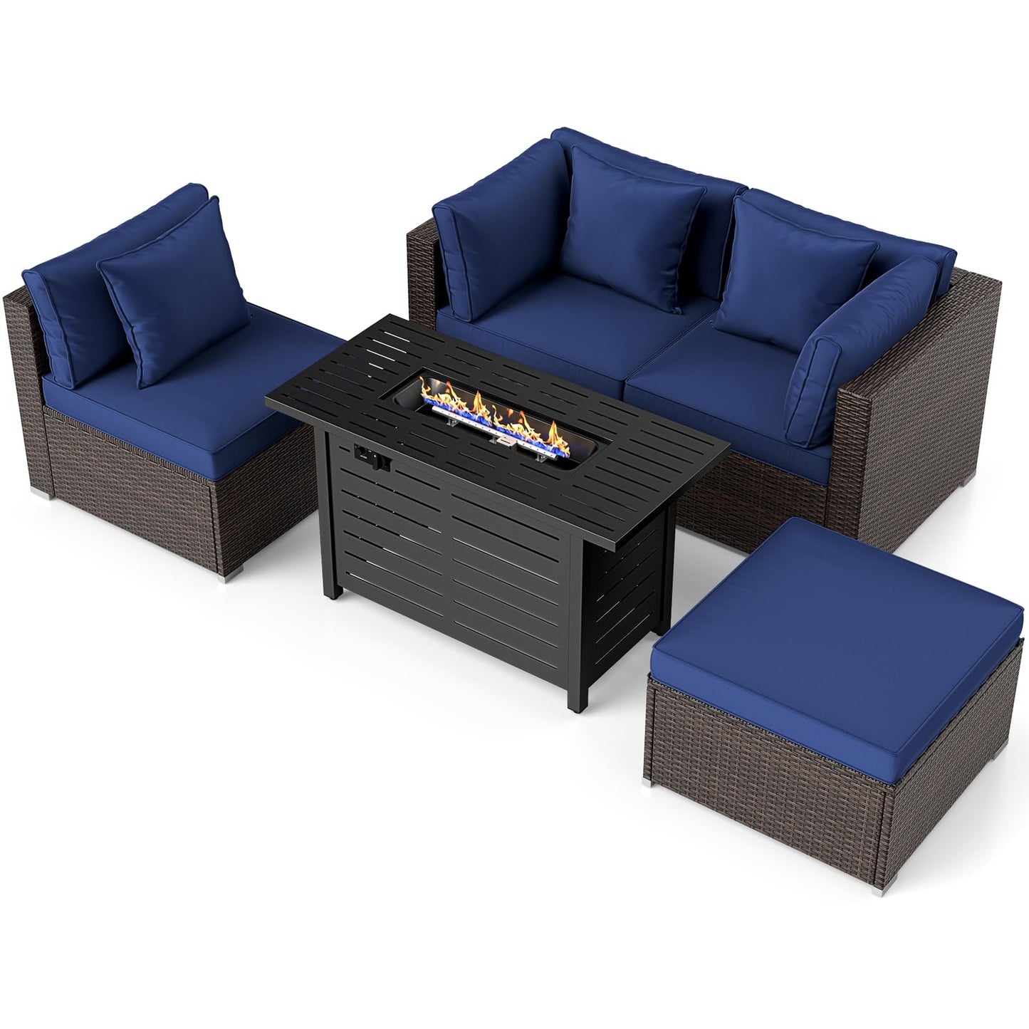 Tangkula 5 Piece Patio Rattan Sectional Sofa Set with 60,000 BTU Firepit Table