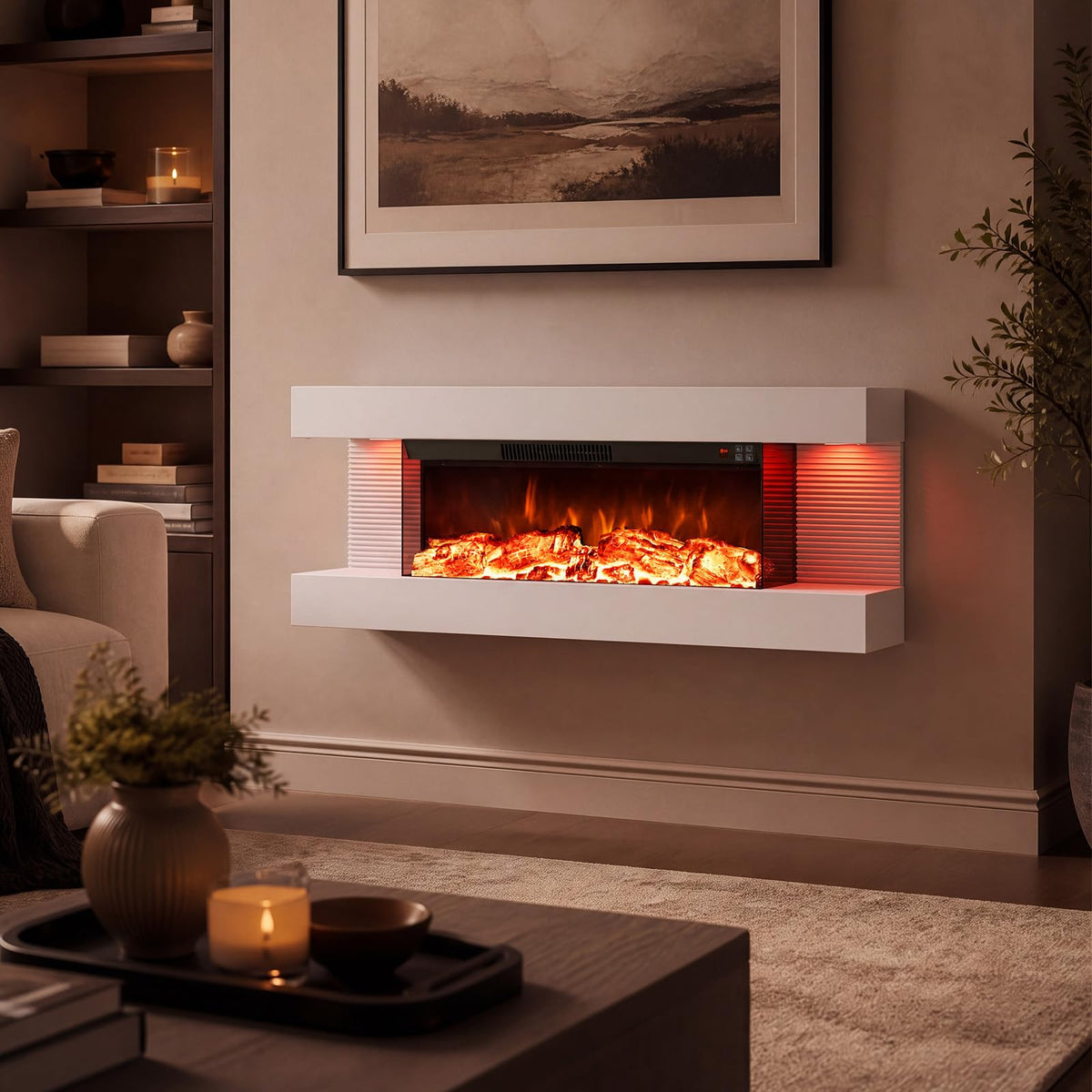 Tangkula 18"/26"/36"/46" 3-Sided WiFi Electric Fireplace with 32"/40"/50"/60" Floating Mantel