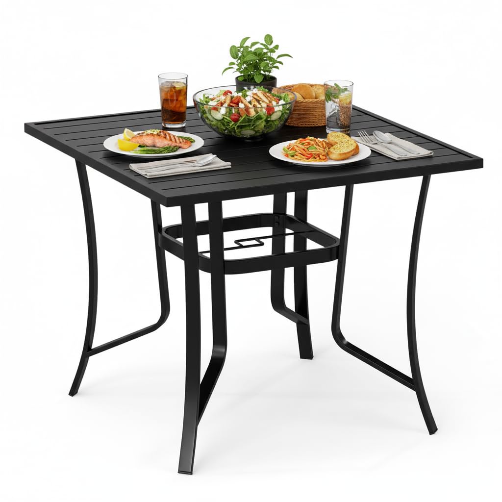 Tangkula Metal Patio Dining Table with Umbrella Hole for Balcony and Backyard