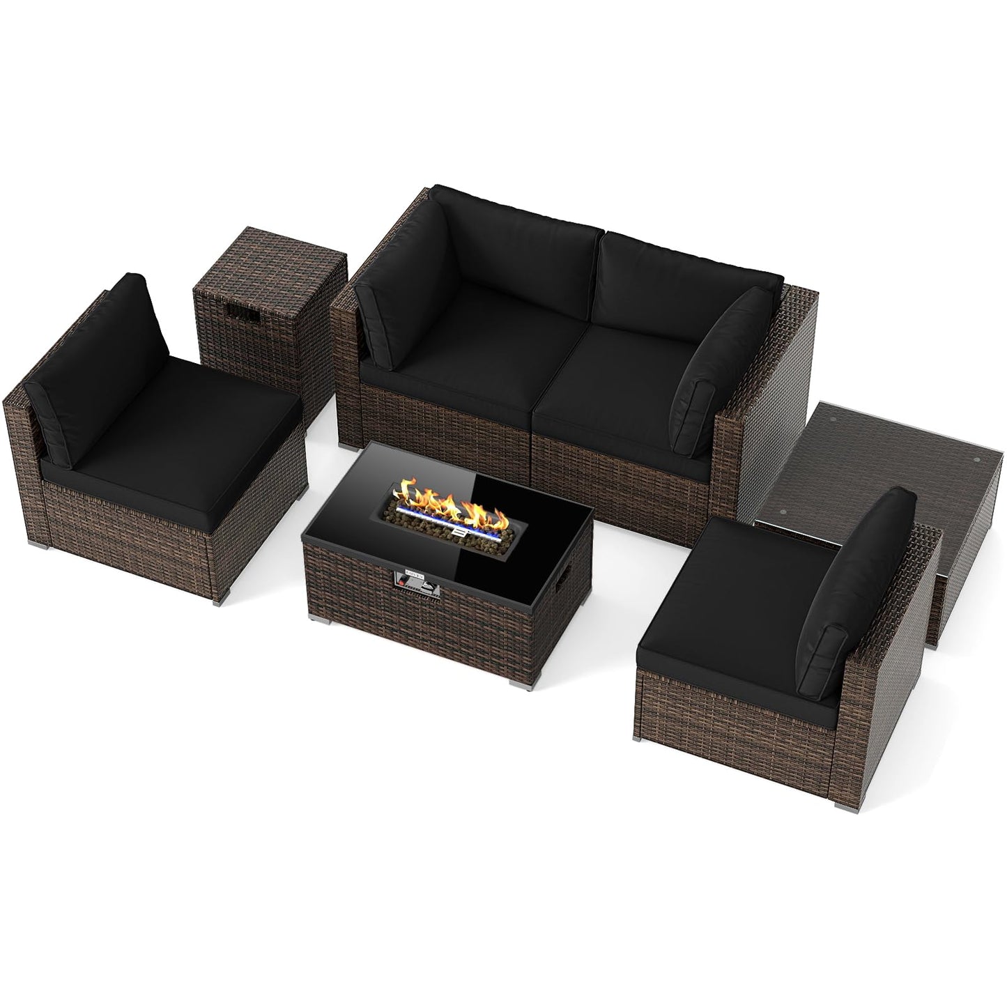 Tangkula 7 Pieces Wicker Patio Furniture Set with 40,000 BTU Gas Fire Pit Table & Propane Tank Cover Table & Glass Top Coffee Table