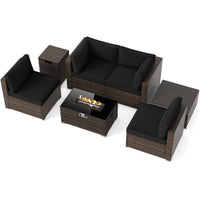 Tangkula 7 Pieces Wicker Patio Furniture Set with 40,000 BTU Gas Fire Pit Table & Propane Tank Cover Table & Glass Top Coffee Table