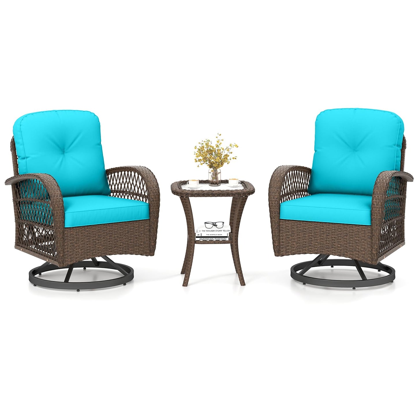 Tangkula 3 Piece Patio Swivel Rocker Set 2 Outdoor Wicker Rocking Chairs