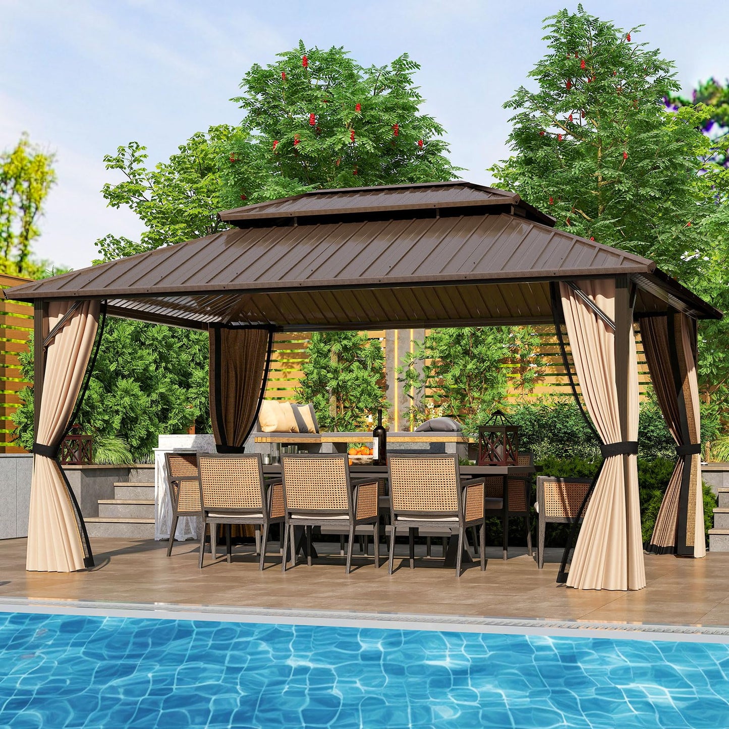 Tangkula Aluminum Frame Permanent Pavilion with Curtains