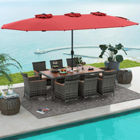 Tangkula 10 Piece Patio Rattan Dining Set with 15Ft Double-Sided Umbrella, Outdoor Acacia Wood Table and Wicker Chairs Set