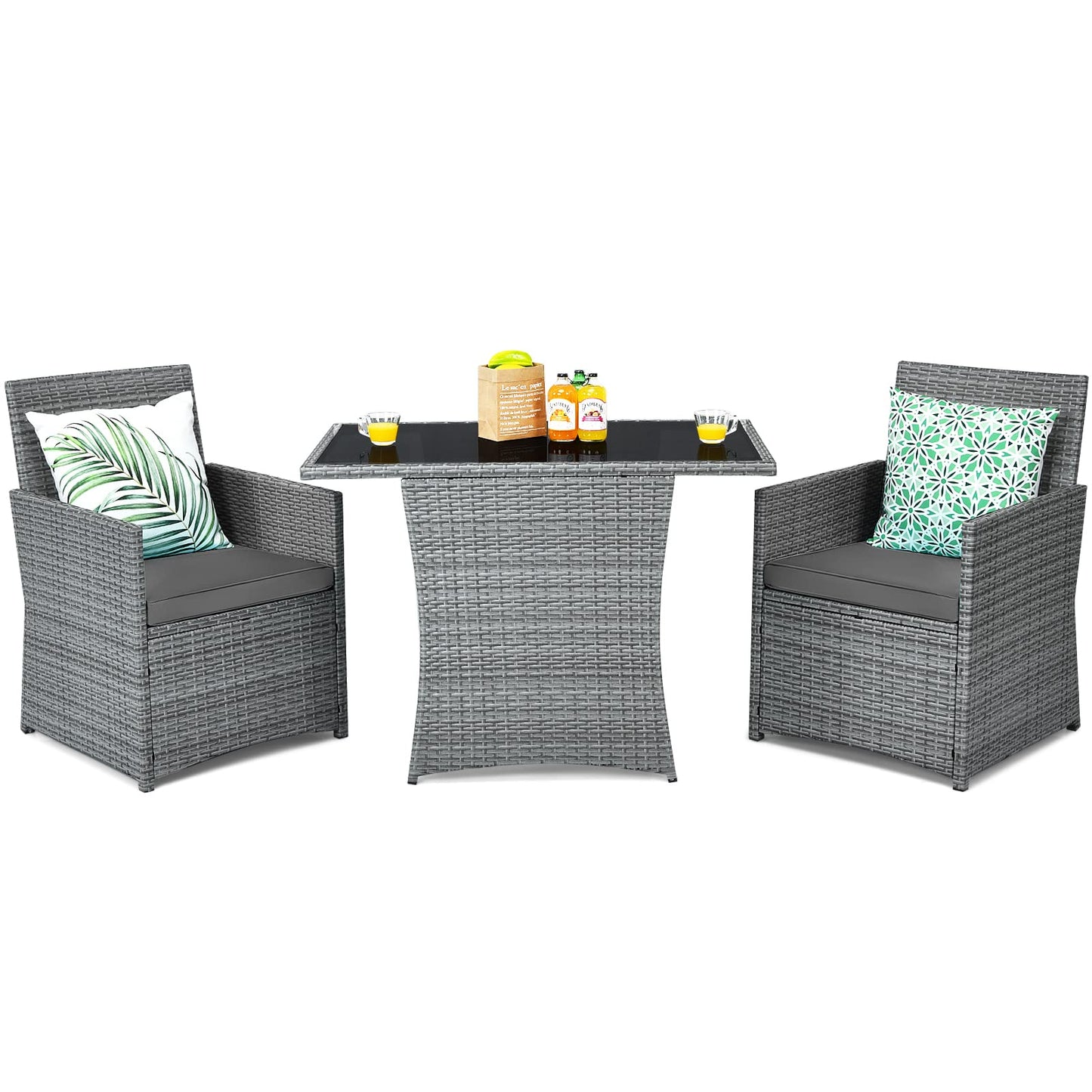 3 Pieces Patio Dining Set, Patiojoy Space-Saving PE Rattan Bistro Set with Tempered Glass Top Table and Cushioned Chairs