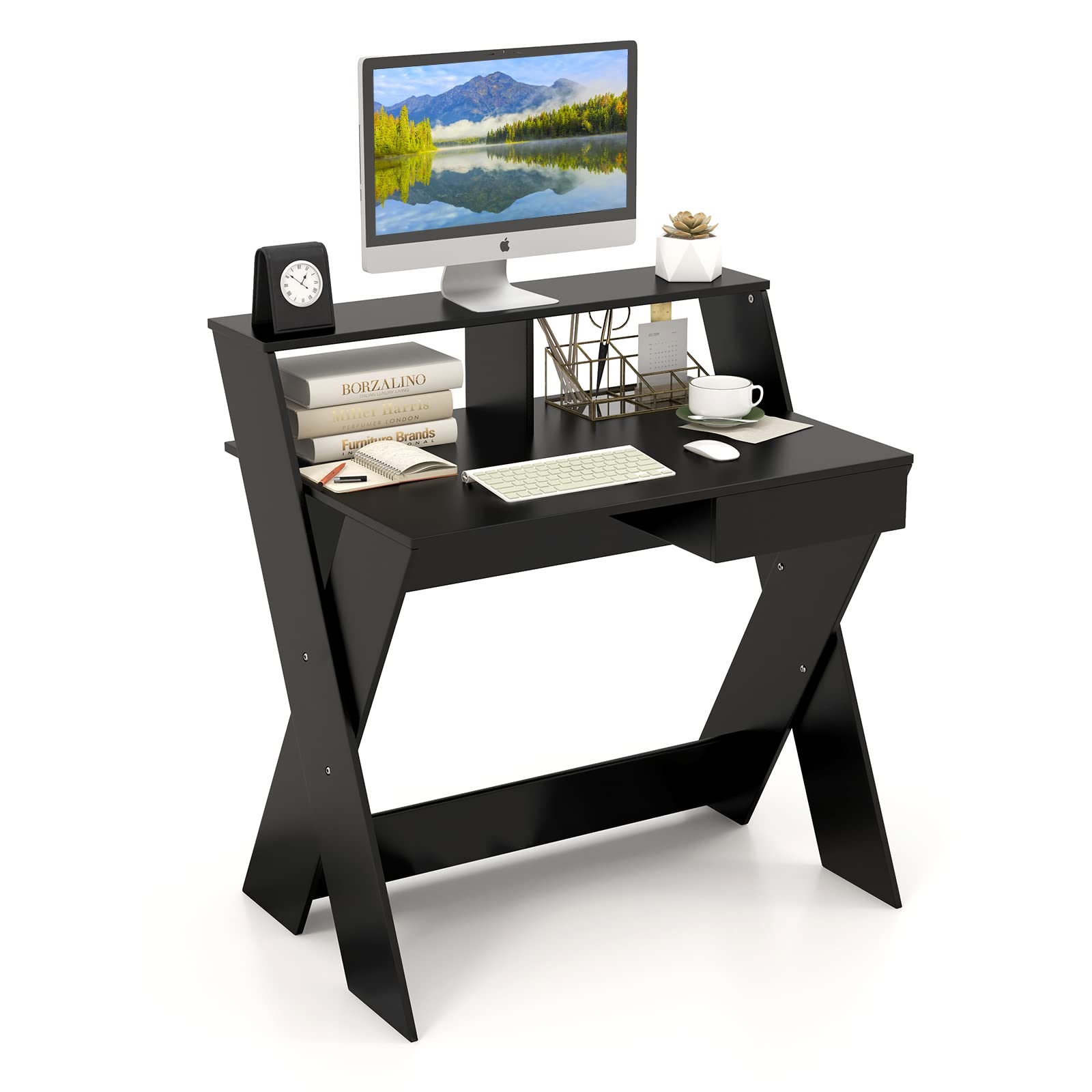 Tangkula Computer Desk with Storage Drawer, Small Writing Desk with Monitor Stand Riser