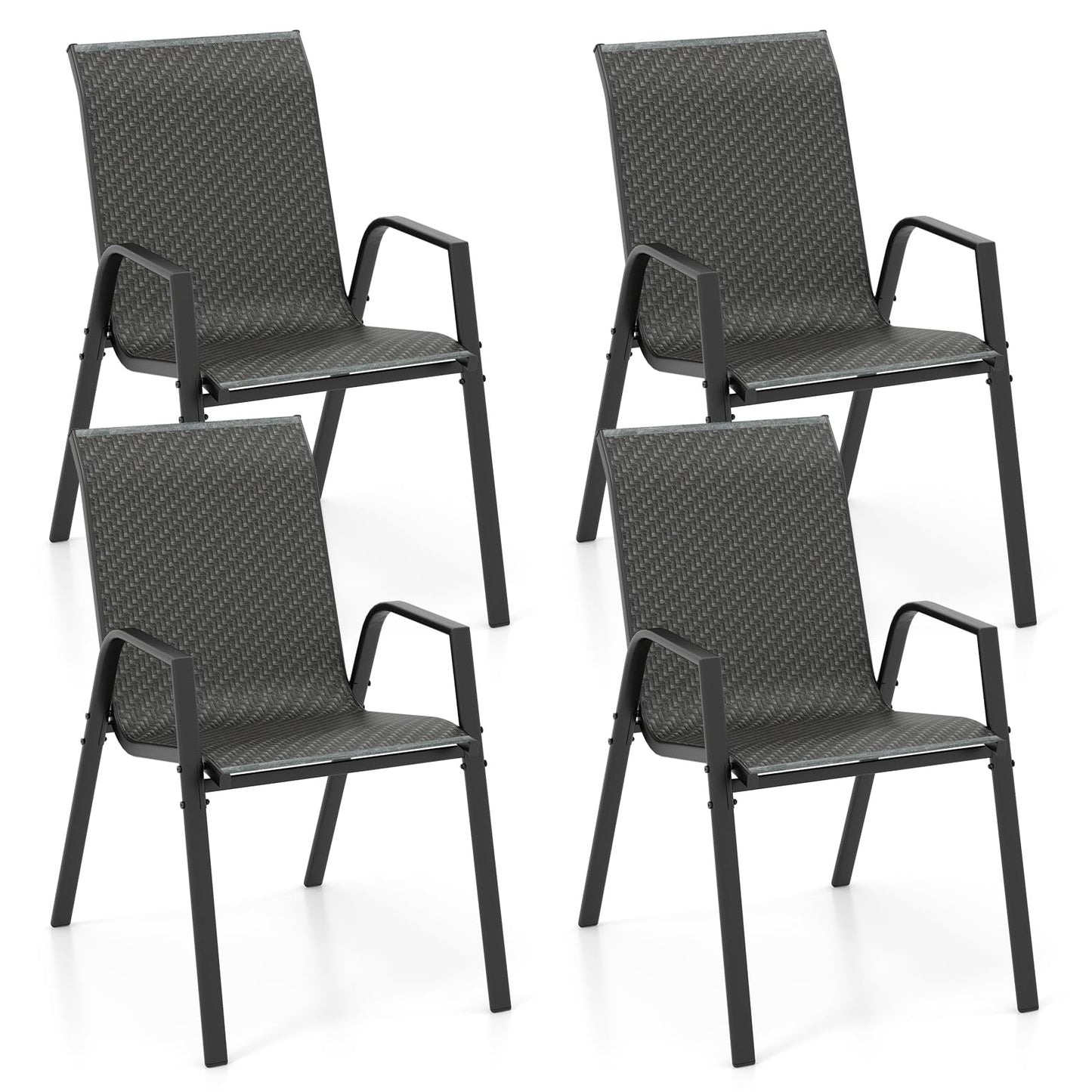 Tangkula Lot de 4 chaises de salle à manger empilables en rotin pour patio, avec dossier et assise en osier tressé