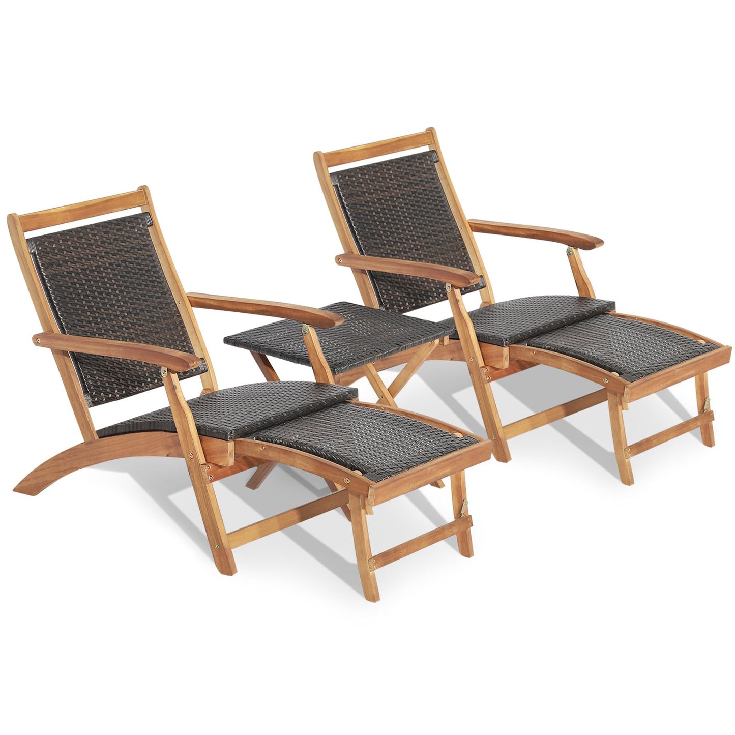Tangkula 3 Piece Chaise Lounge Chair Set, Acacia Wood Deck Chairs with Side Table