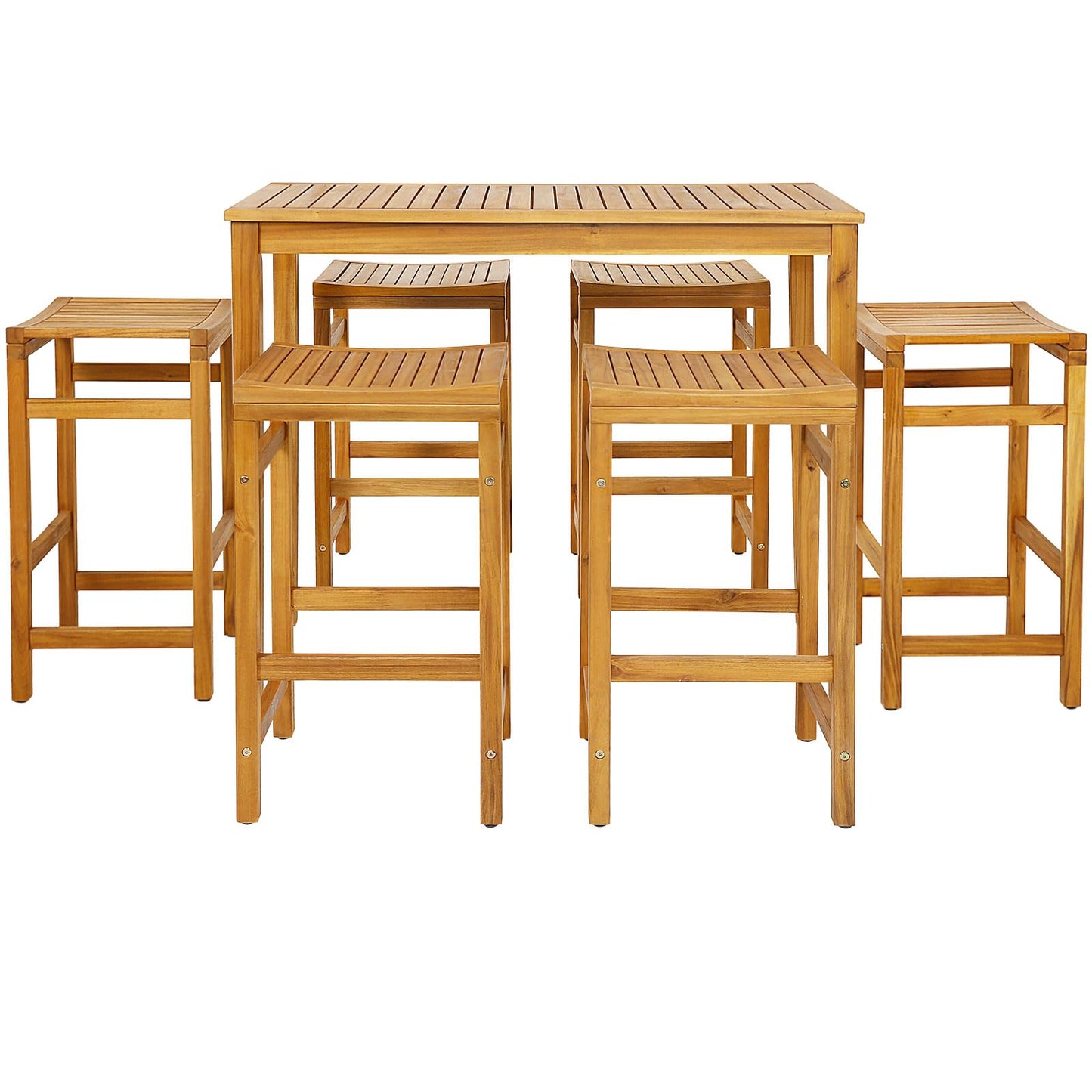 Tangkula 5 Piece Outdoor Acacia Wood Bar Table Set, 45" Rectangular High Top Table with 4 Saddle Seat Bar Height Stools