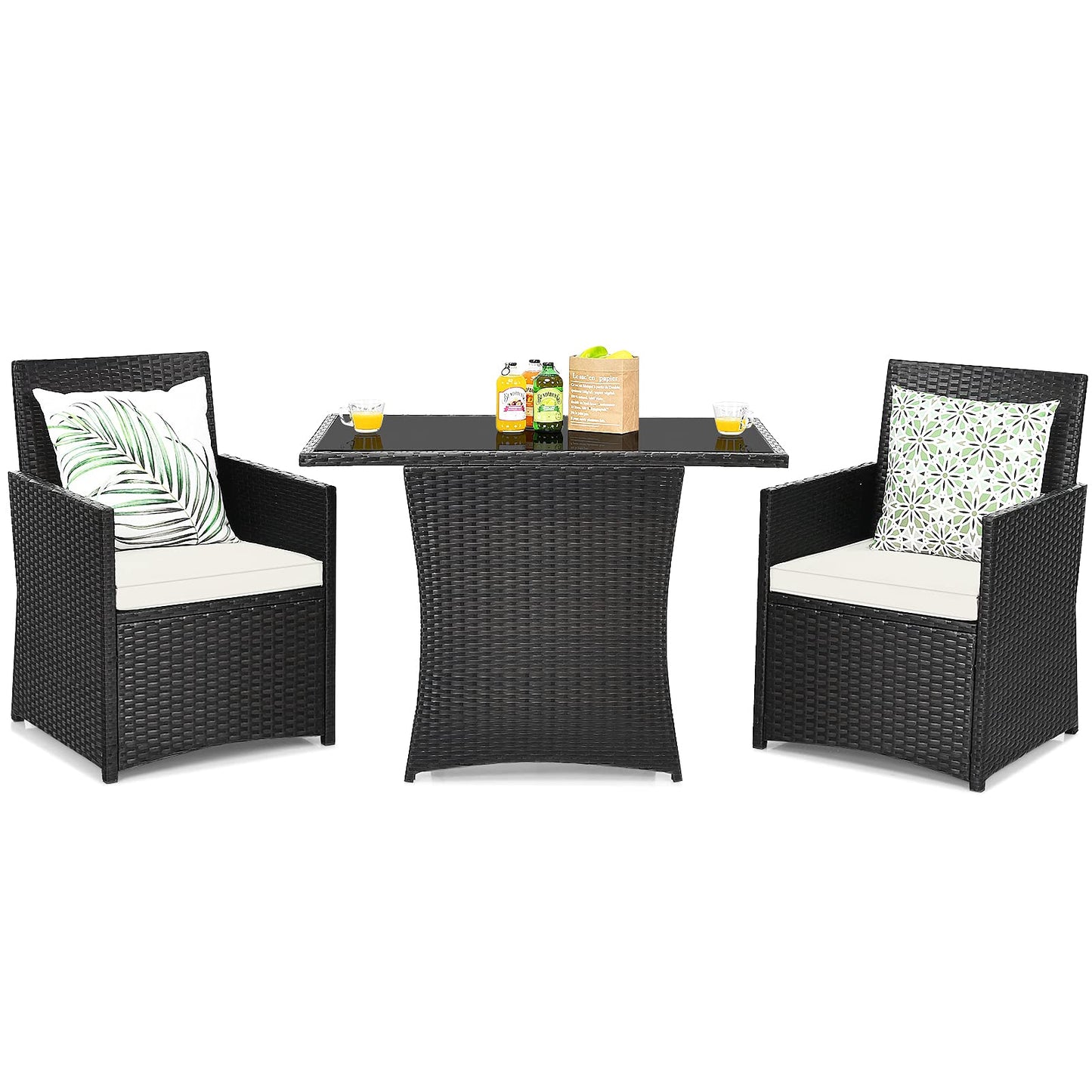 3 Pieces Patio Dining Set, Space-Saving PE Rattan Bistro Set with Tempered Glass Top Table and Cushioned Chairs