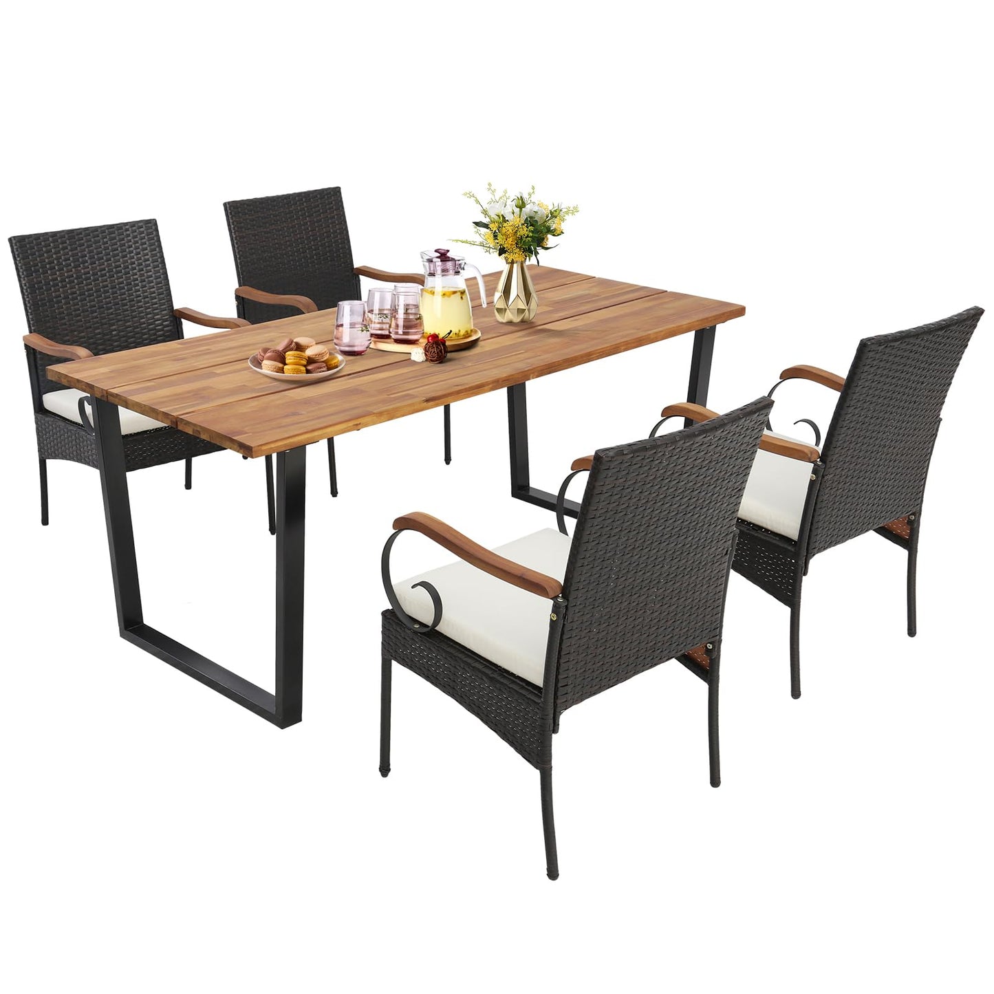 Ensemble de chaises en osier et table à manger d'extérieur, plateau et accoudoirs en bois d'acacia, trou pour parasol de 5 cm