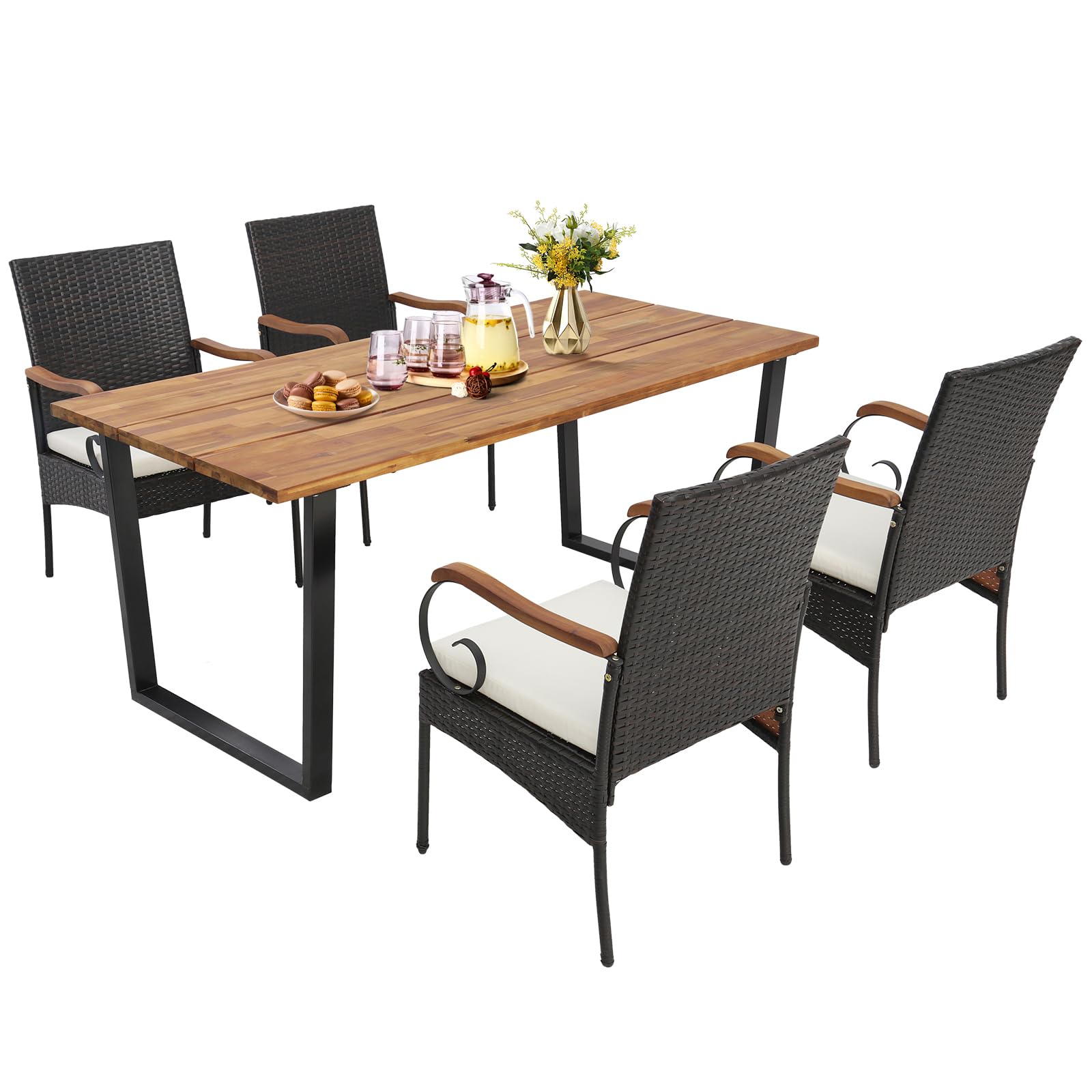 Ensemble de chaises en osier et table à manger d'extérieur, plateau et accoudoirs en bois d'acacia, trou pour parasol de 5 cm