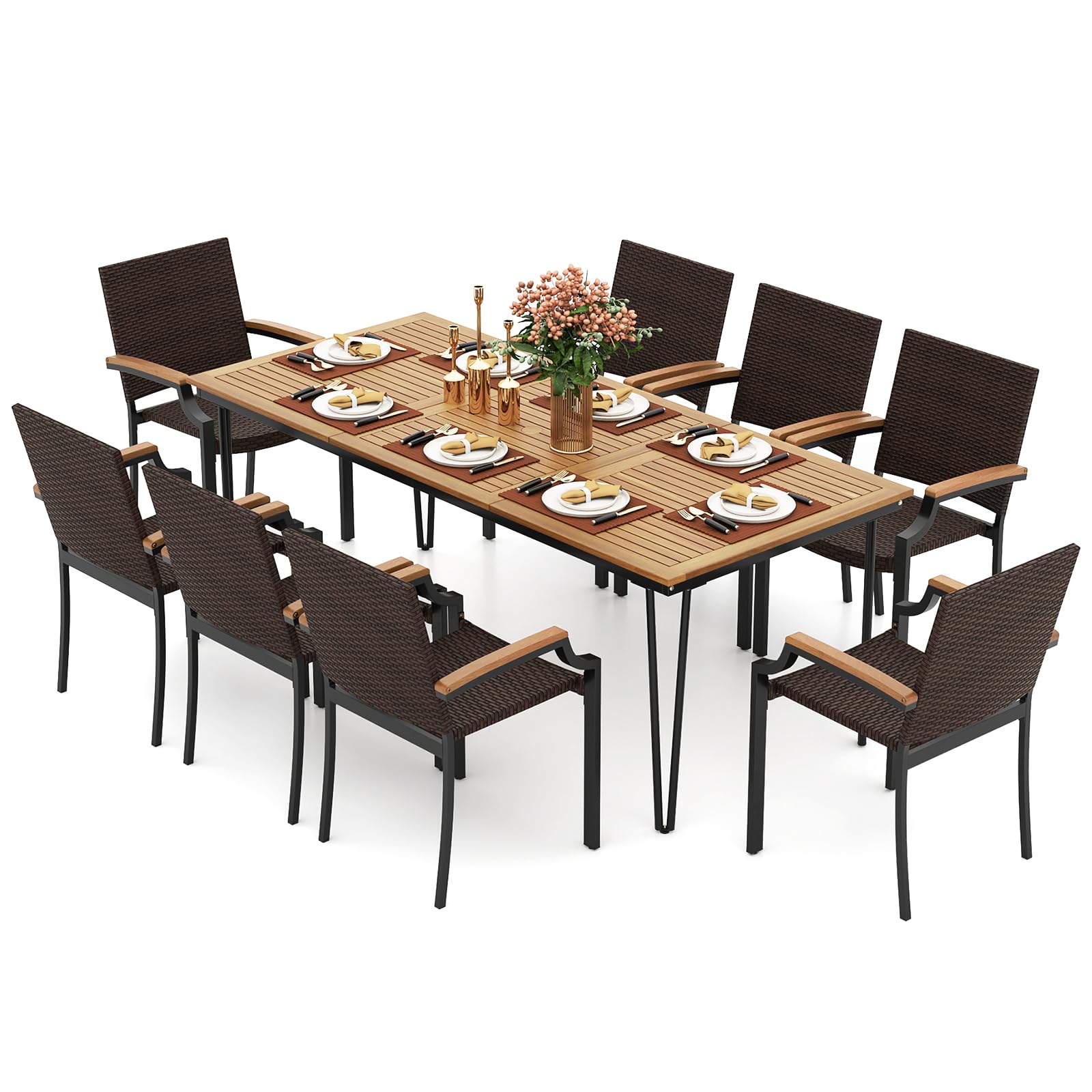Tangkula 79” Rectangular Outdoor Dining Table Set with Acacia Wood Top & Umbrella Hole