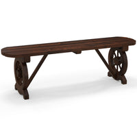 Banc en bois rustique Tangkula pour patio, banc long en bois carbonisé avec base en roue de chariot, siège à lattes