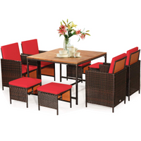 Tangkula 9 Pieces Acacia Wood Patio Dining Set, Space Saving Wicker Chairs and Wood Table with Umbrella Hole Outdoor Furniture Set