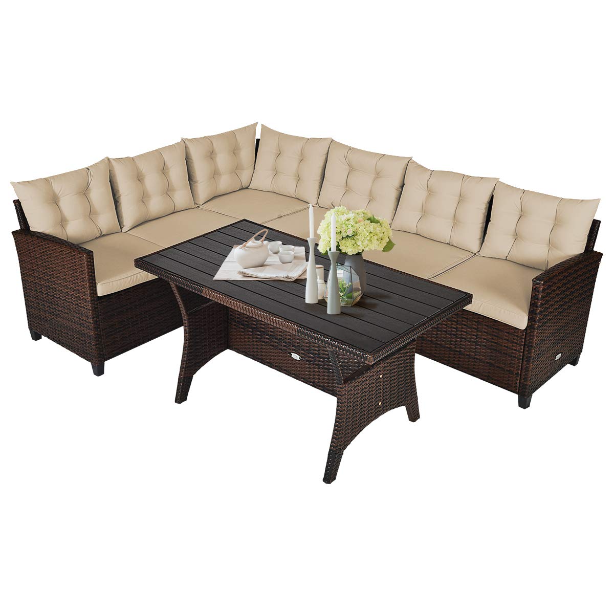 Tangkula Patio Furniture Set with 6 Cushioned Seat & Coffee Table