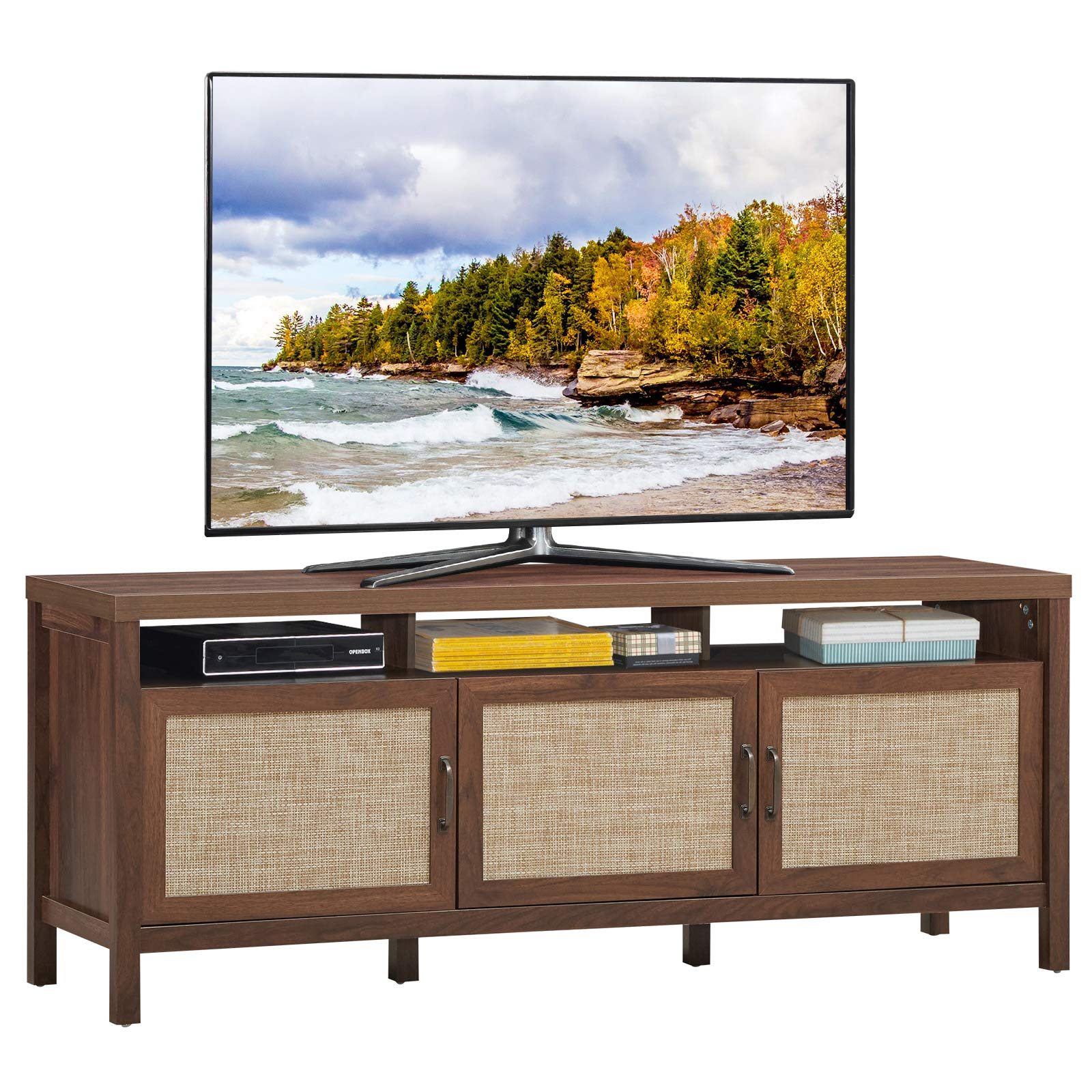 Tangkula Farmhouse Rattan TV Stand, 62 Inches Modern Boho Entertainment Center for TVs up to 65/70 Inches