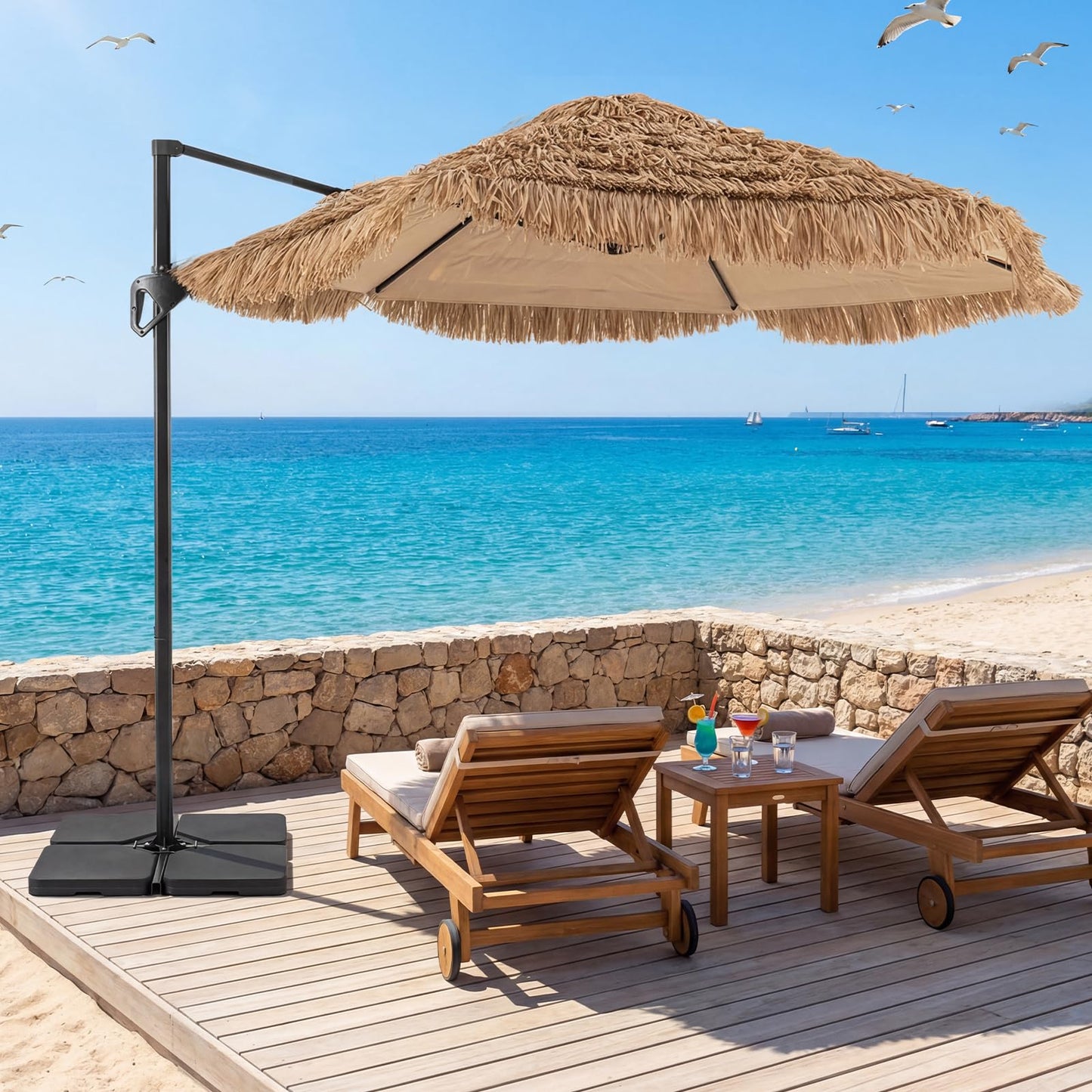 Tangkula 9.5ft Tiki Patio Umbrella with Base Included Offset Cantilever Thatched Outdoor