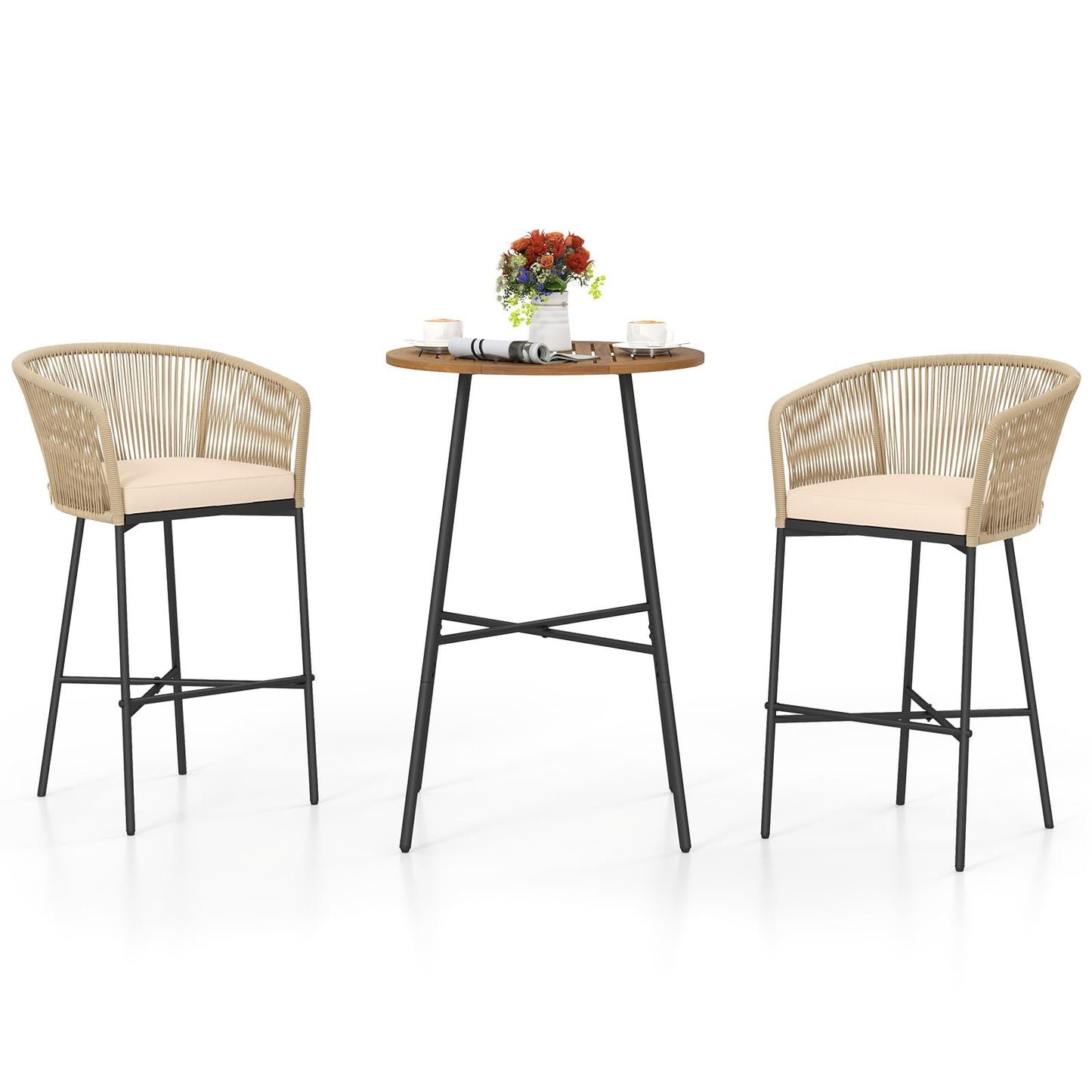 Tangkula 3 Pieces Rope Woven Patio Bar Set
