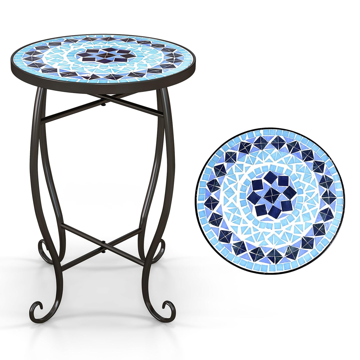 Tangkula Outdoor Side Table w/Ceramic Tile Top & Metal Frame