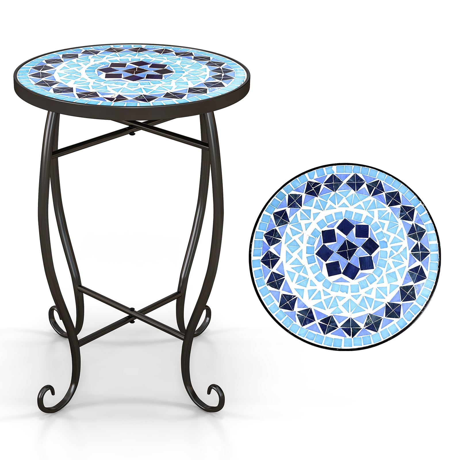 Tangkula Outdoor Side Table w/Ceramic Tile Top & Metal Frame