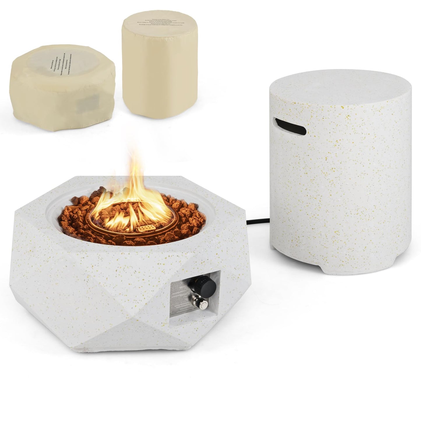 Ensemble table foyer propane Tangkula, braséro à gaz hexagonal en terrazzo de 28 po avec support de réservoir escamotable