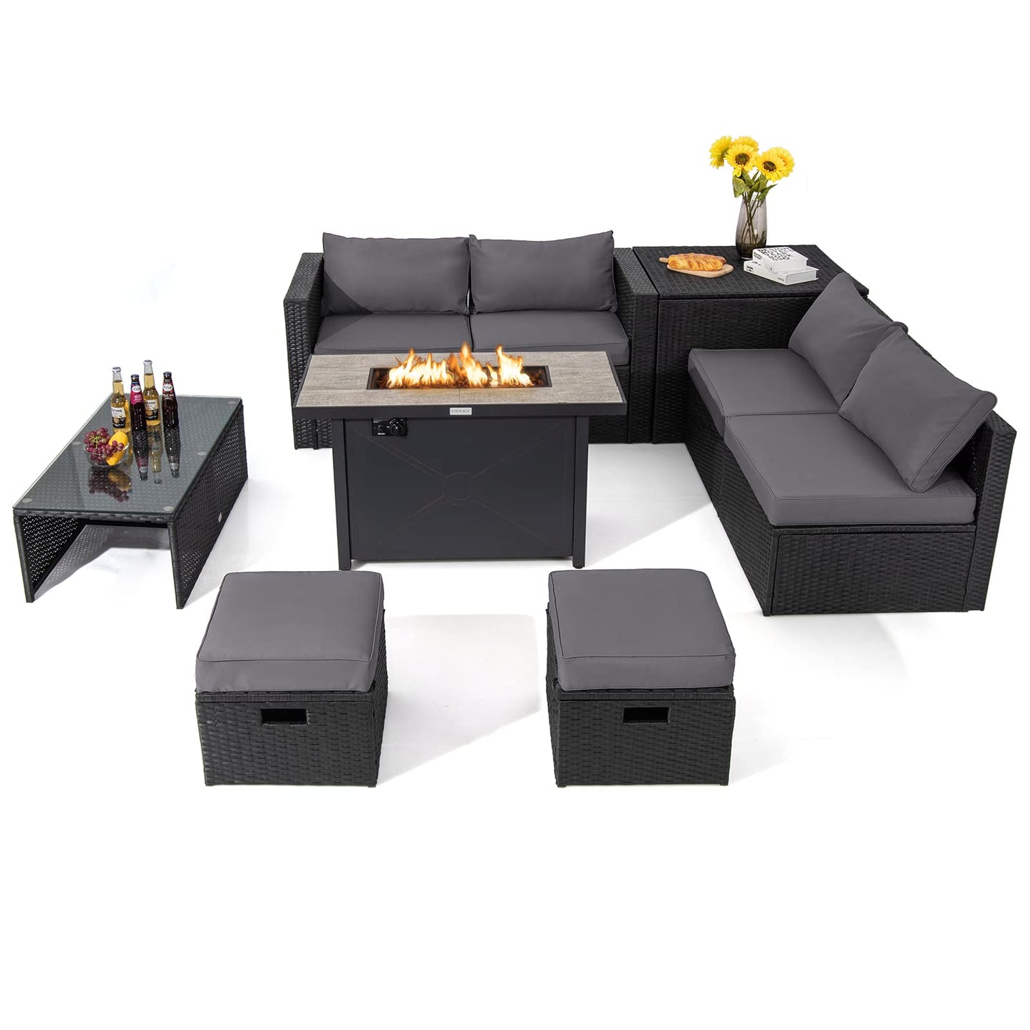 Tangkula 9 Pieces Outdoor Wicker Sectional Sofa with 42" 60,000 BTU Gas Fire Pit Table