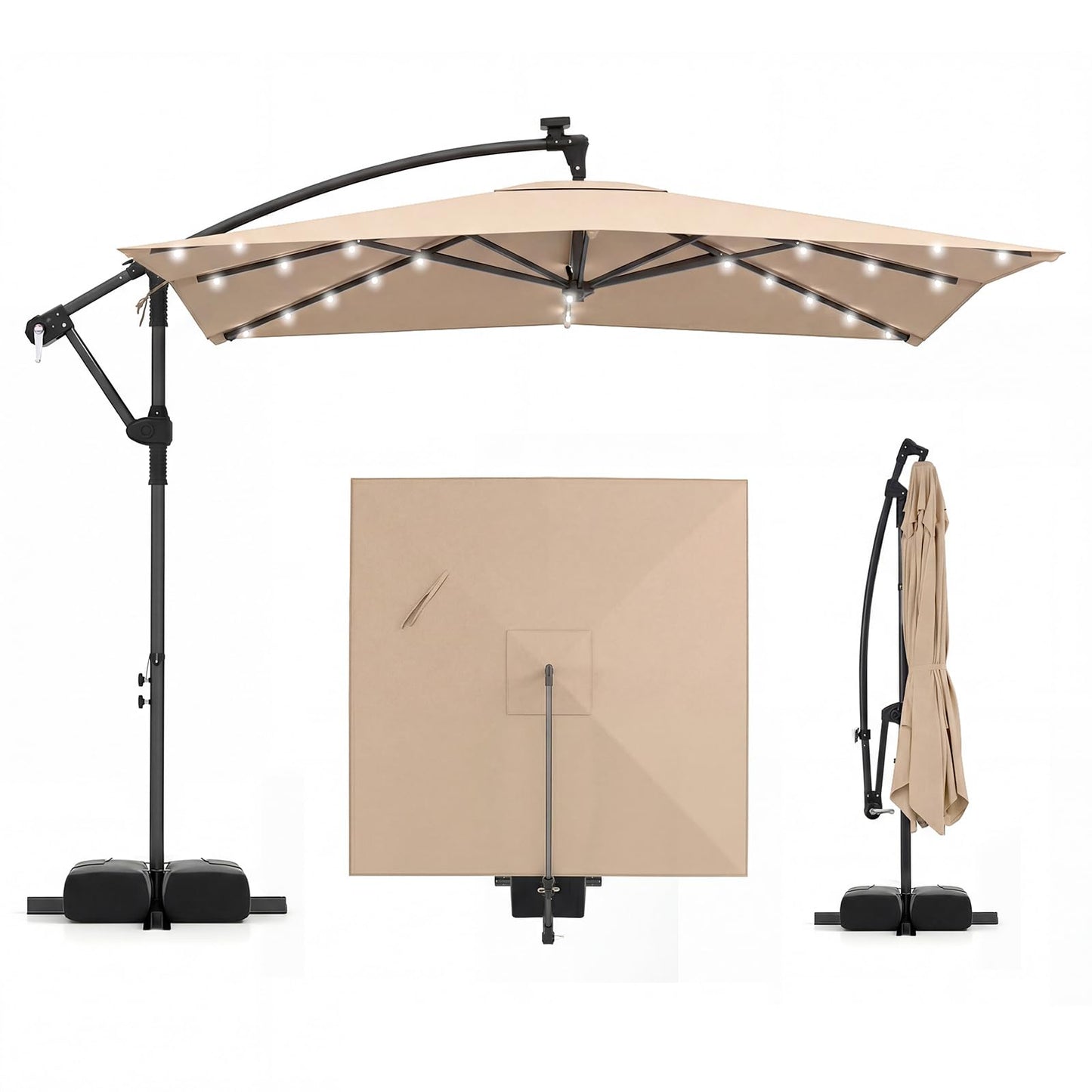 Tangkula 8x8 FT Solar Patio Umbrella with Base Included Square Offset Cantilever 360 Degree Rotation 32 LED Lights