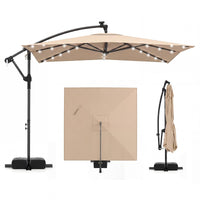 Tangkula 8x8 FT Solar Patio Umbrella with Base Included Square Offset Cantilever 360 Degree Rotation 32 LED Lights