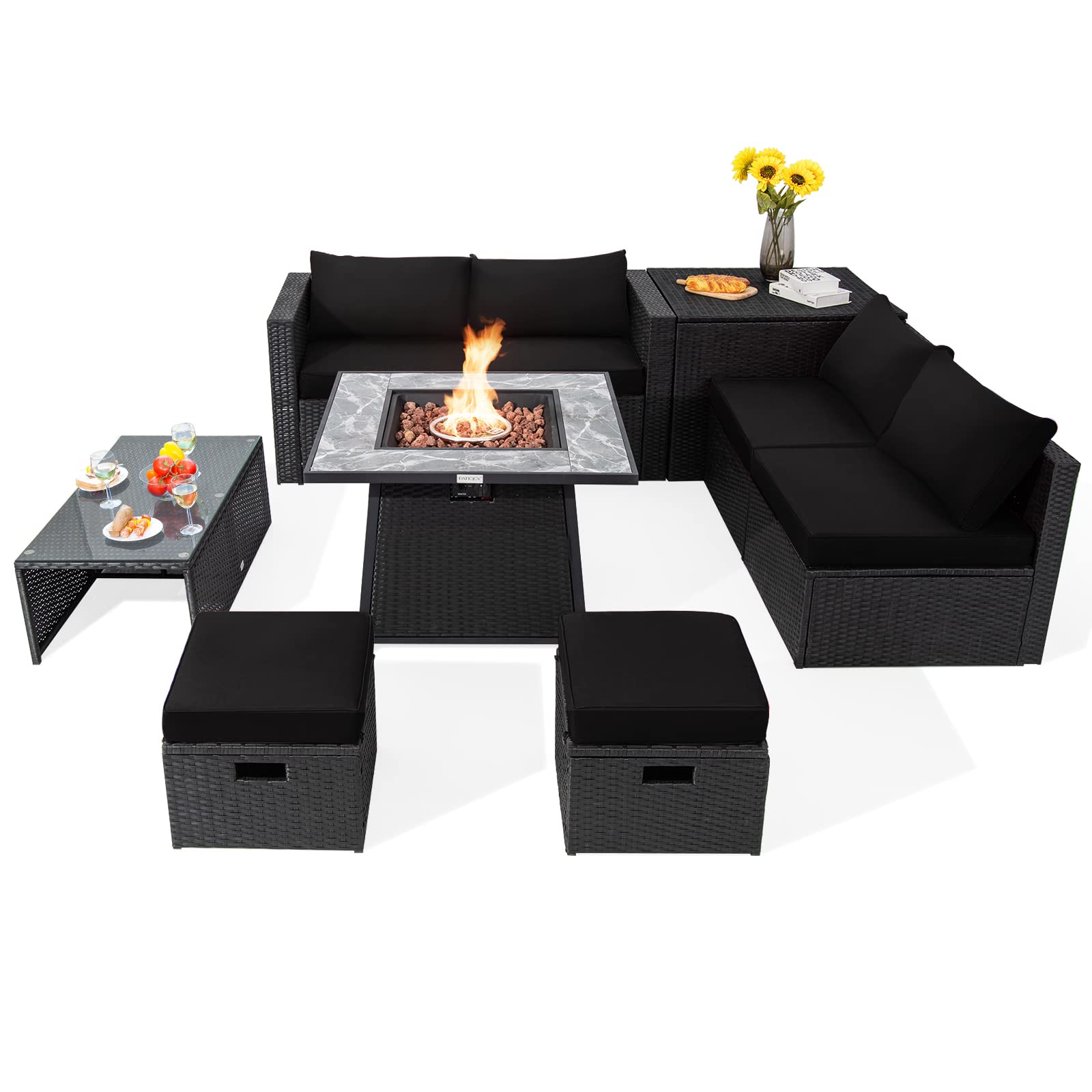Tangkula 9 Pieces Outdoor PE Rattan Sectional Sofa with 35-Inch Gas Fire Pit Table