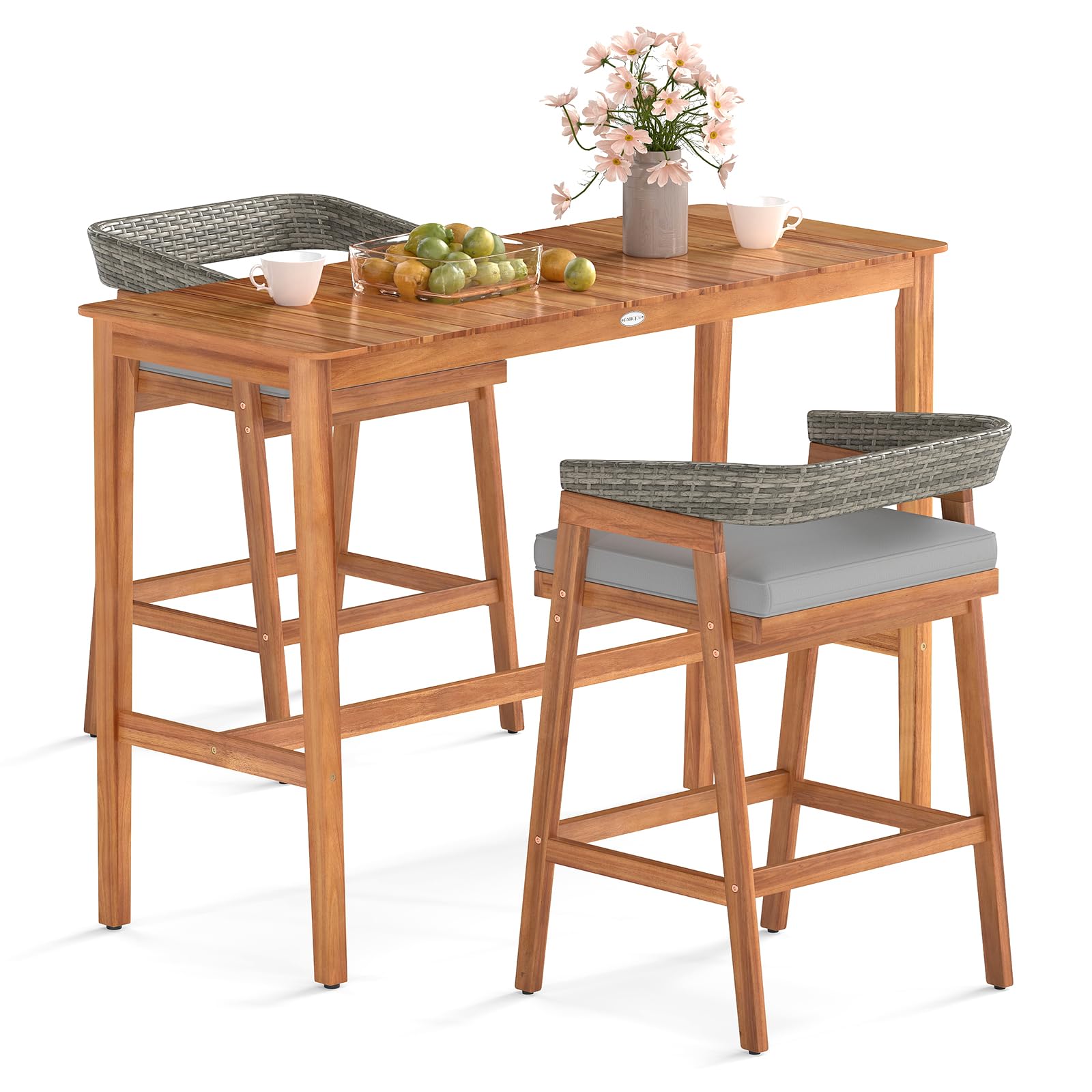 Tangkula 3 Piece Patio Counter Height Bar Set Outdoor Acacia Wood Counter Height Table