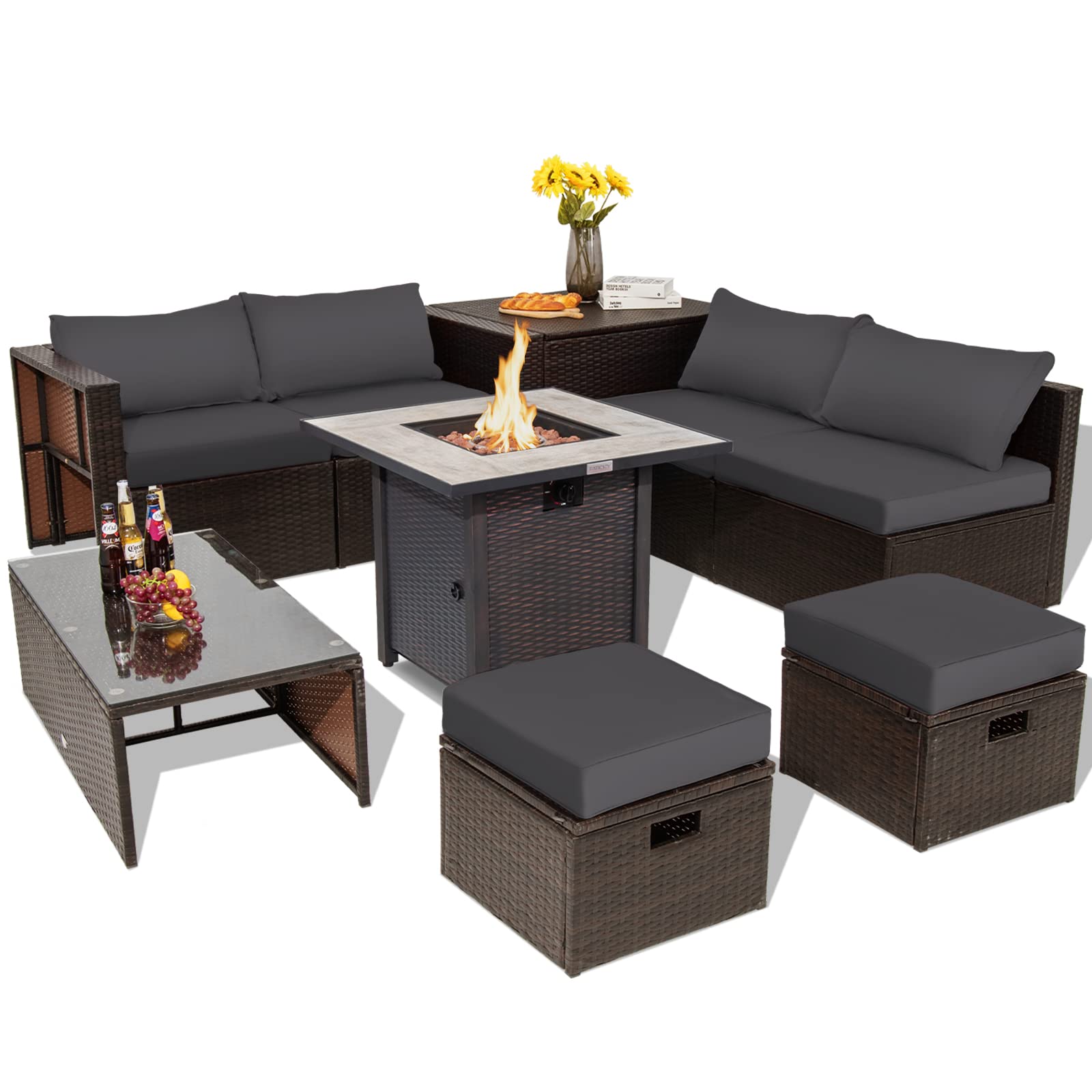 Tangkula 9 Pieces Outdoor Patio Furniture Set with 30” Propane Fire Pit Table