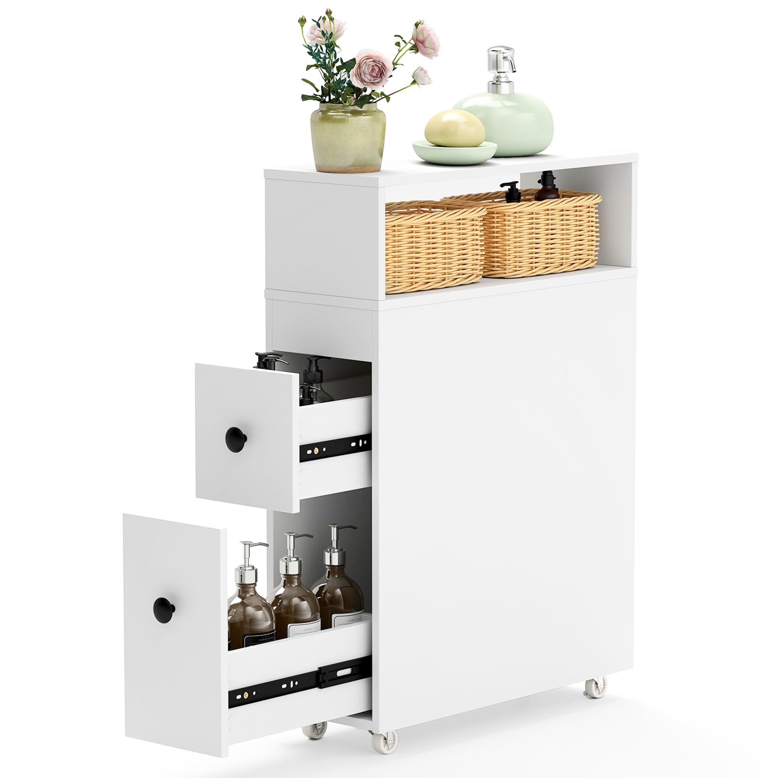 Tangkula Bathroom Storage Wood Bathroom Rolling Floor Cabinet